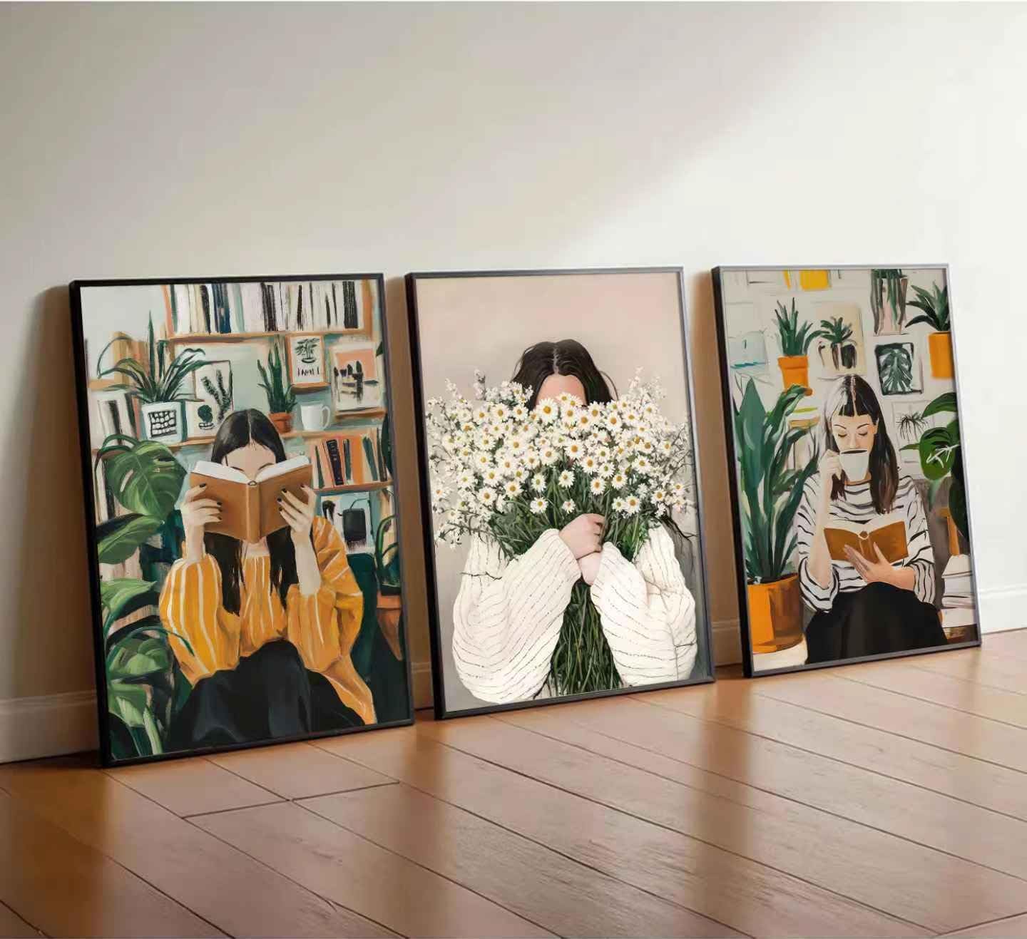 3Pcs Emerald Green Abstract Figure Wall Art Fashion Reading Woman and With Daisies Bouquet Poster Wall Decor Retro Picture Stripe Female Portrait Paintings for Living Room Bedroom 16x24in Unframed
