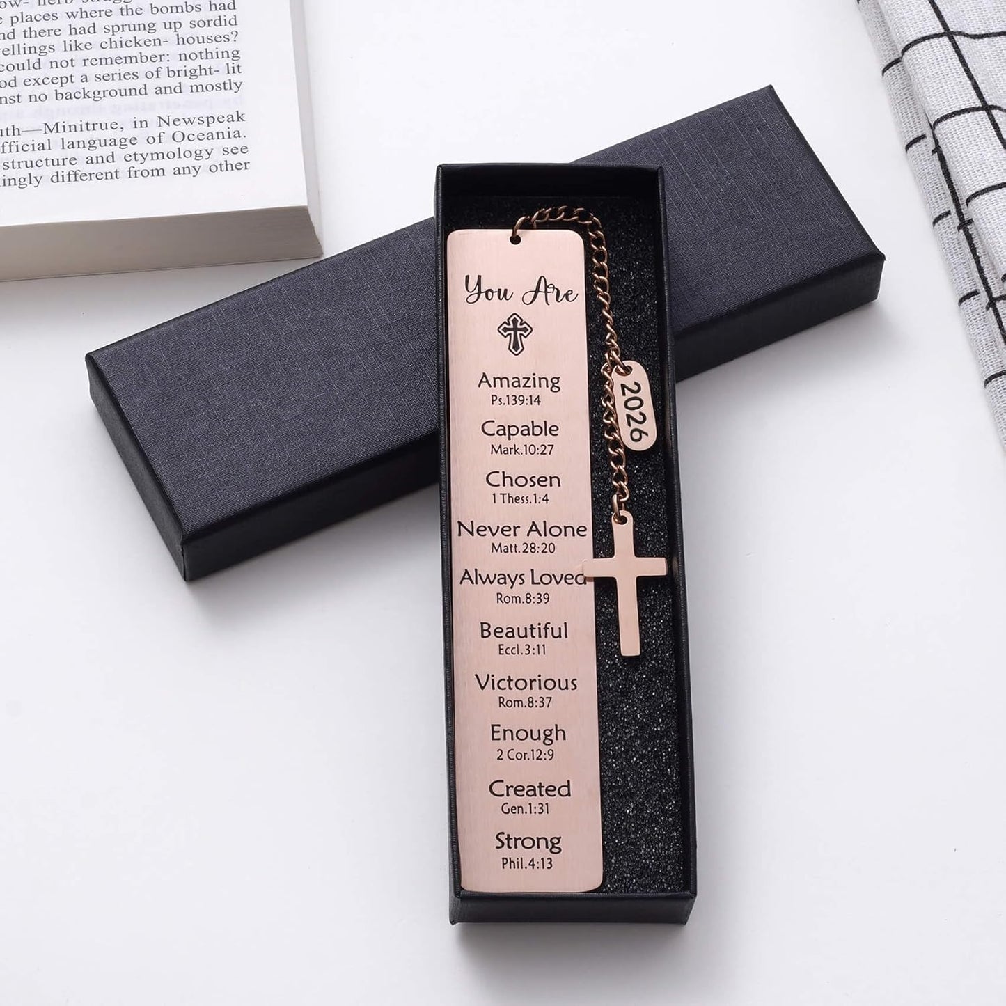 Christian Metal Bookmark with Bible Verses, Faith-Based Gift with 2026 Charm, Faith Affirmation Gift, Motivational Religious Scripture Reading Accessory for Women Men, Rose Gold