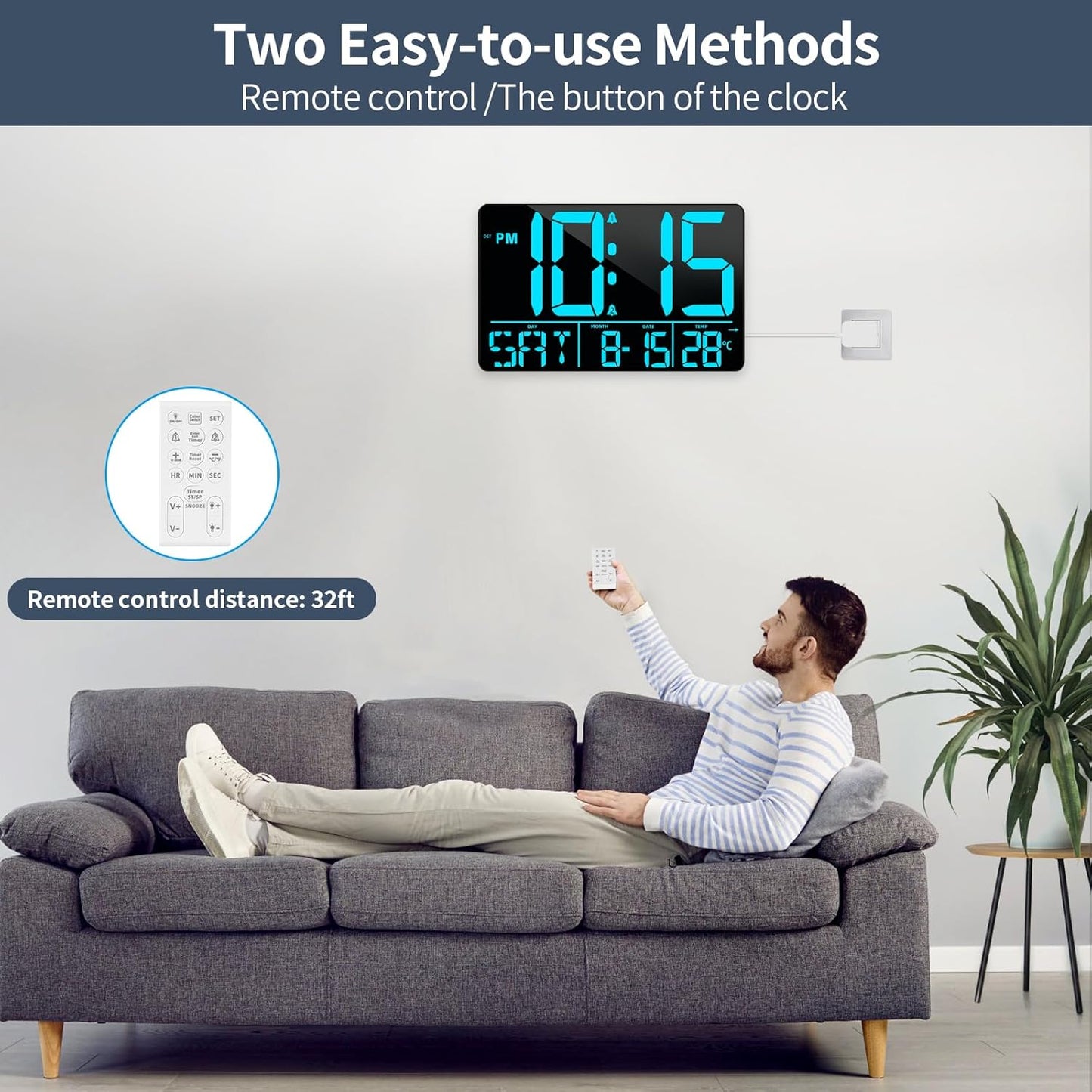 13" Digital Wall Clock Large Display with Remote, 25 Ringtones, Temperature, Calendar, 0-100% Auto or Custom Brightness, 12/24H, DST, Timer, for Living Room, Kitchen, Bedroom, Elderly（Blue）