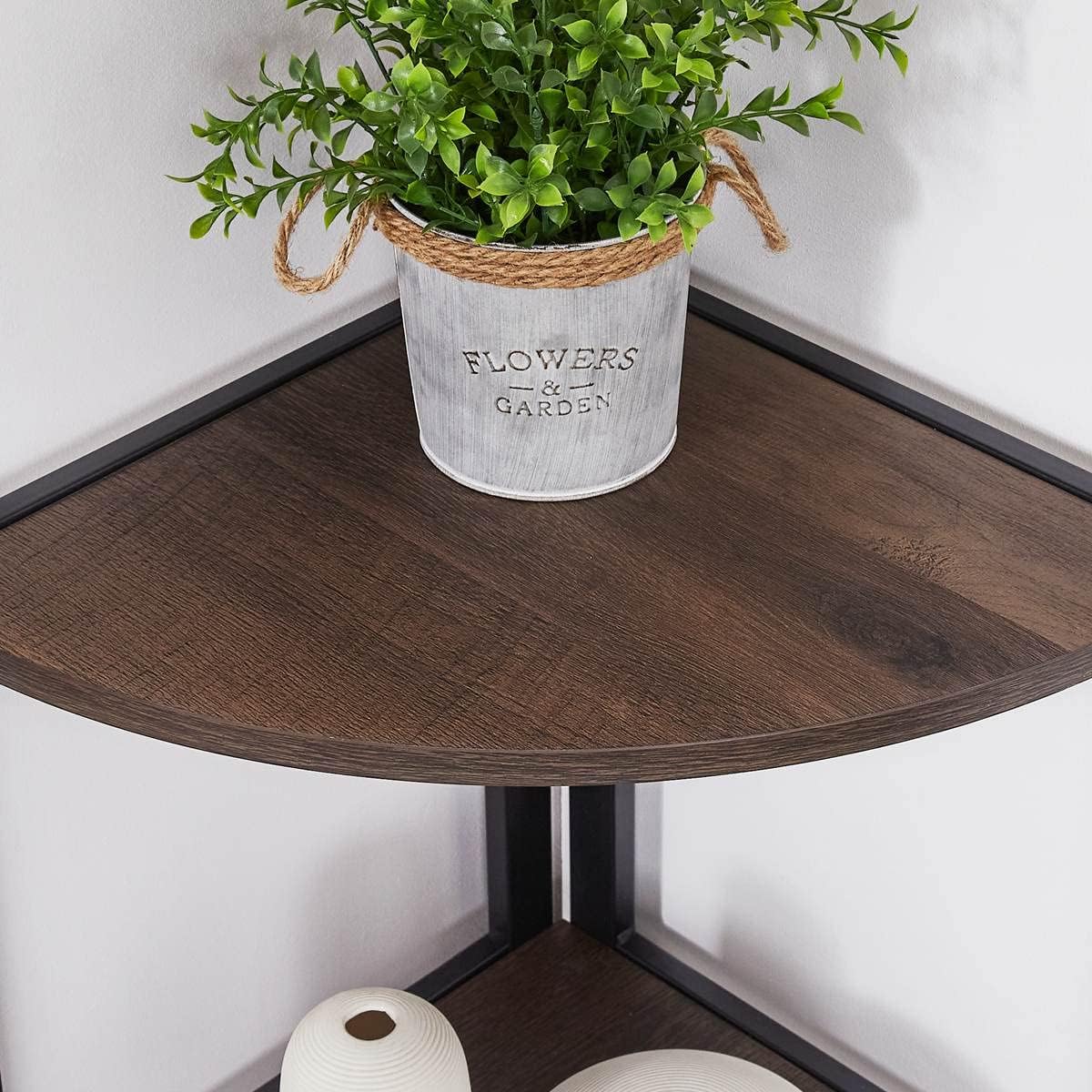 FATORRI Rustic Tall Corner Shelf, 5 Tier Industrial Corner Bookshelf for Living Room, Dark Wood and Metal Corner Plant Stand for Home Office (Walnut Brown)