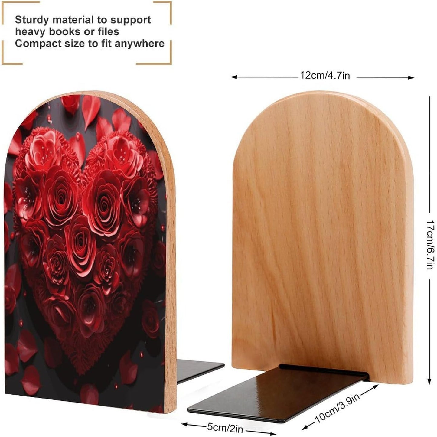 Red Rose Love Heart Bookend for Shelves Wooden Book End Large Size Sturdy Book Holders Stoppers with Metal Base for Bookshelves Slick Decorative Bookends Stands
