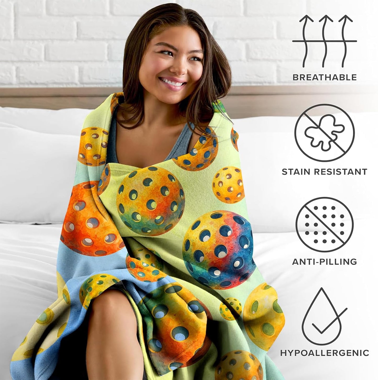 Pickleball Throw Blanket 60x50 – Soft Flannel Fleece, Watercolor Ombre All-Over Ball Print, Lightweight Room Decor for Couch or Bed – Gift for Players, Machine Washable