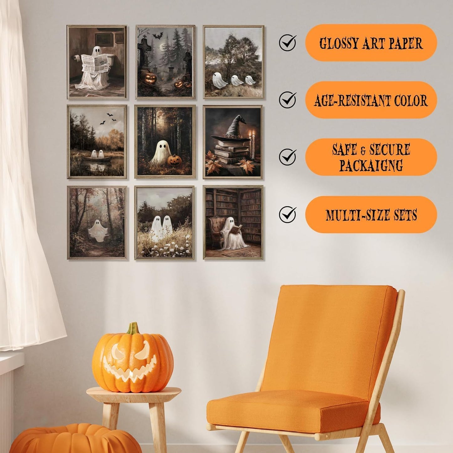 Vintage Ghost Halloween Canvas wall art Aesthetic Farmhouse paintings pictures wall decor Retro fun ghost reading book poster printing Artwork for Gallery Wall Living Room Bedroom Home decoration