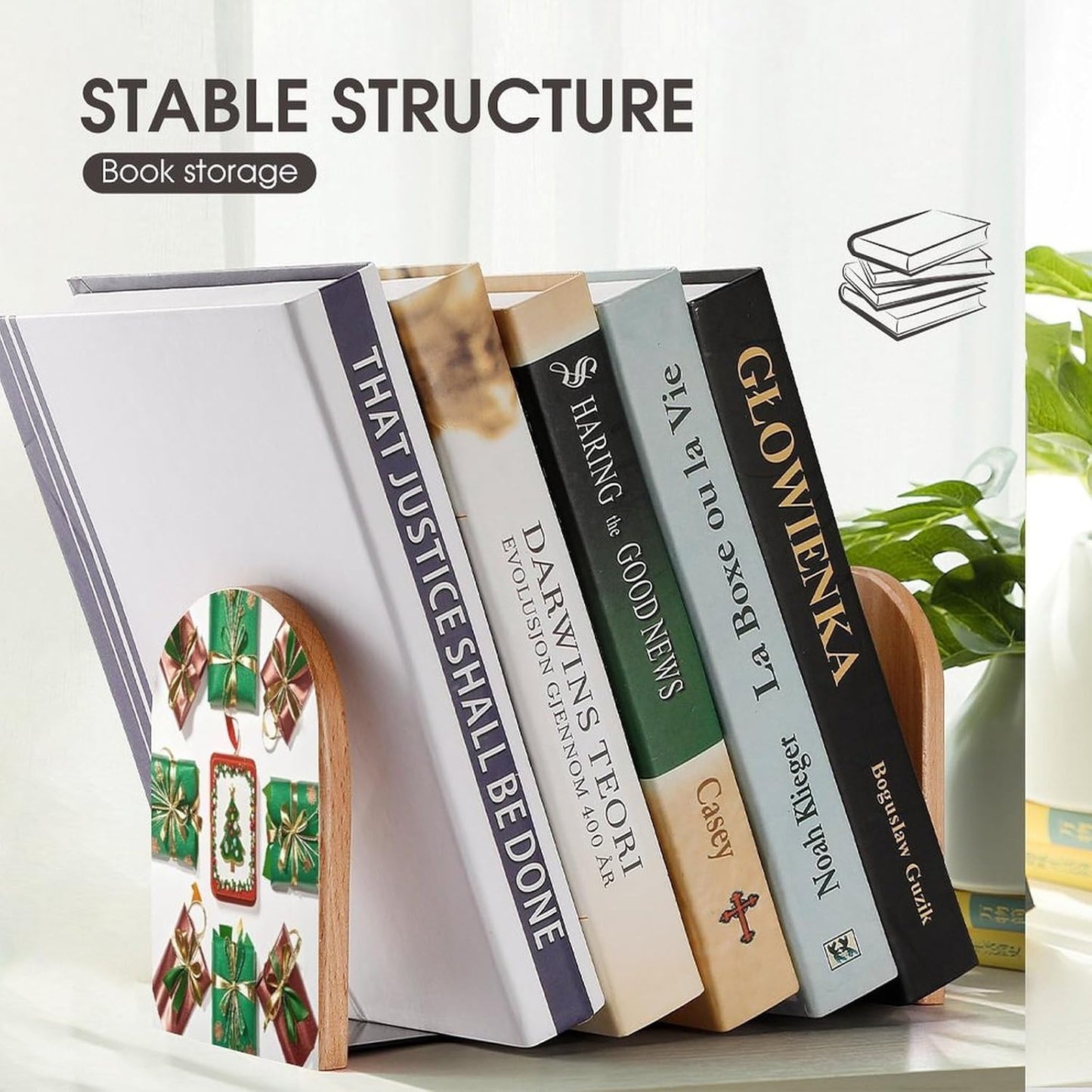 Wrapping Bookends 1 Pair Heavy Duty Book Ends for Shelves Non-Skid Bookend Supports Wooden Book Holders with Metal Base Desk Organizers Books Storage to Hold Books