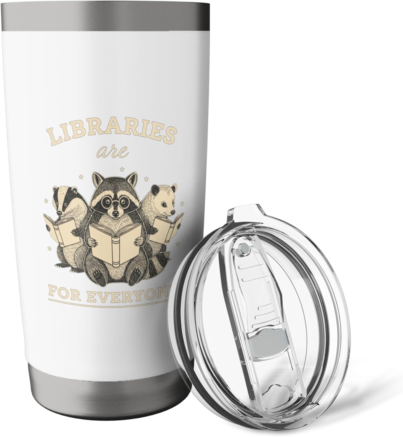 Libraries Are For Everyone Cute Raccoon Badger Opossum Book Stainless Steel Insulated Tumbler
