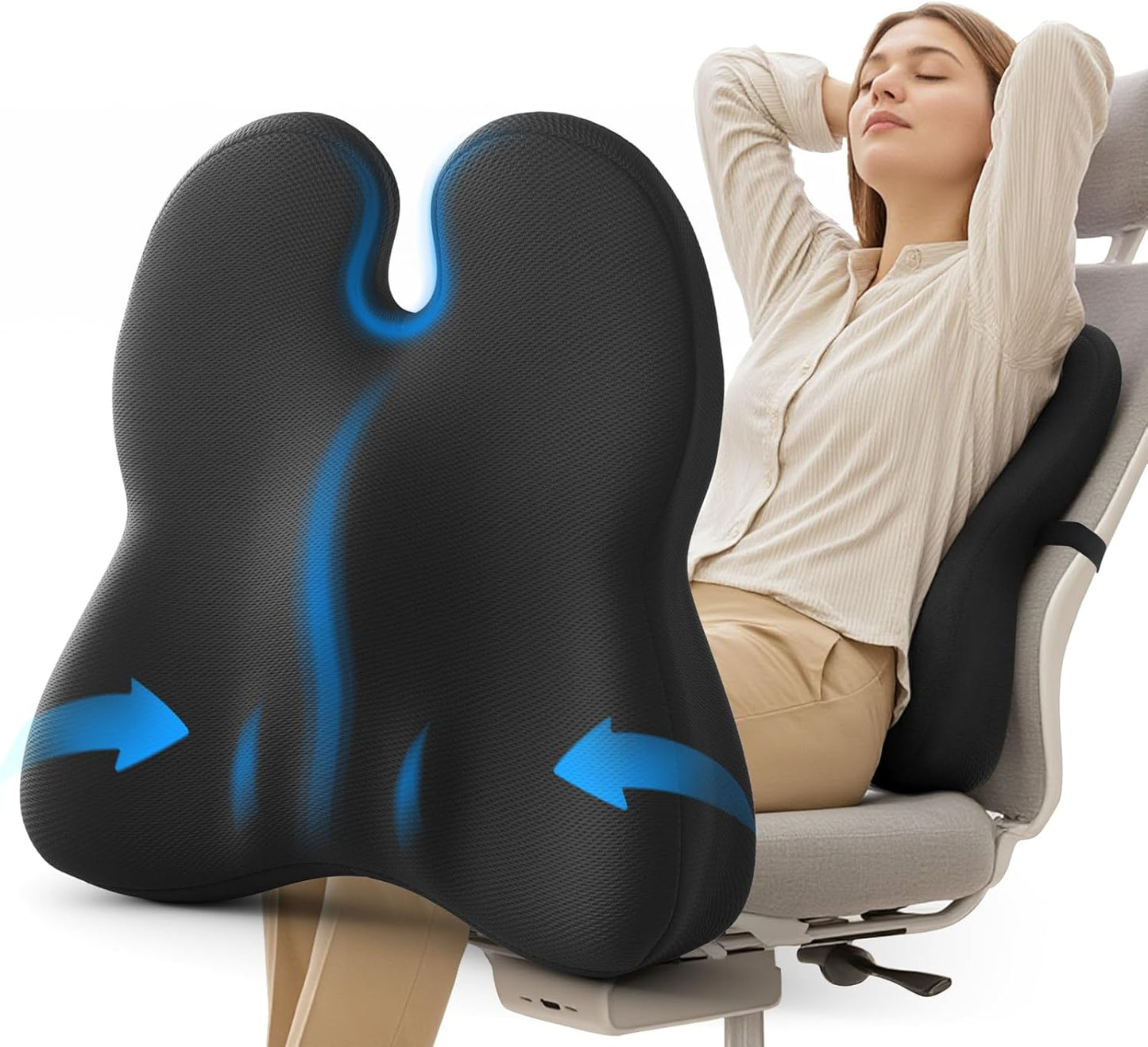 Lumbar Support Pillow for Office Chair - Memory Foam Office Chair Back Support - Ergonomic Lumbar & Back Support Pillow with Strap, Machine Washable Cover (Black)
