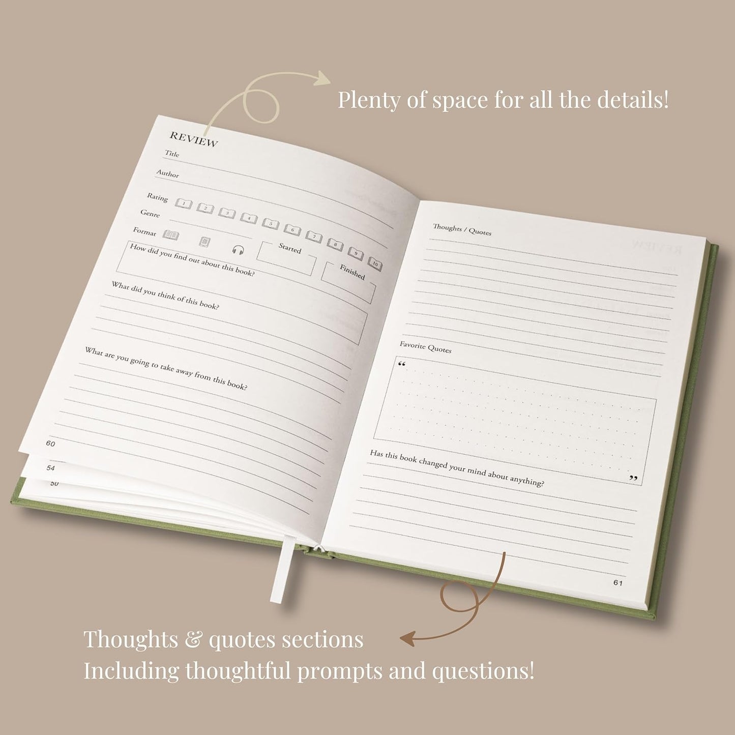 Reading Journal - 52 Reviews - Book Journal Gift for Book Lovers - Review, Log & Track Your Reading - Avid Readers Accessories - Linen Hardcover - Sage Green