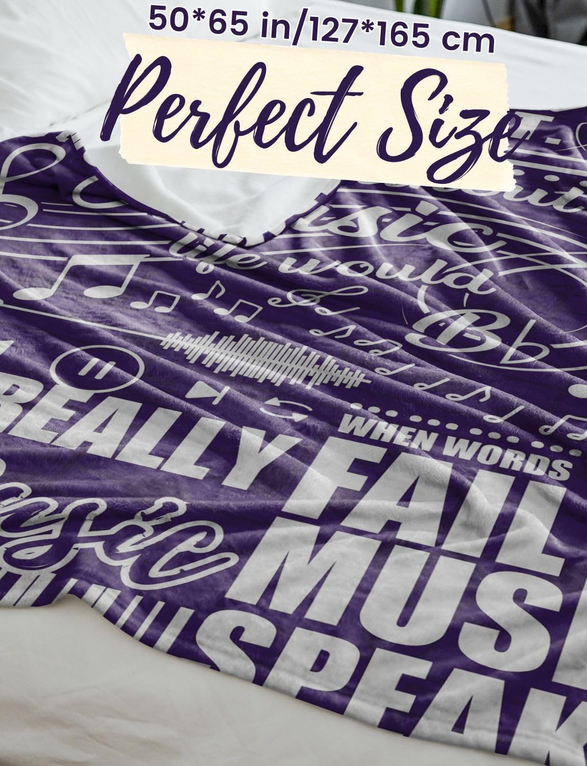 Music Gifts for Women Girls, Without Music Life Would Be Flat, Music Themed Blanket for Daughters, Coworkers, Music Teachers, Flannel Throw Blanket 50x65 Inches for Adults Teens, Purple