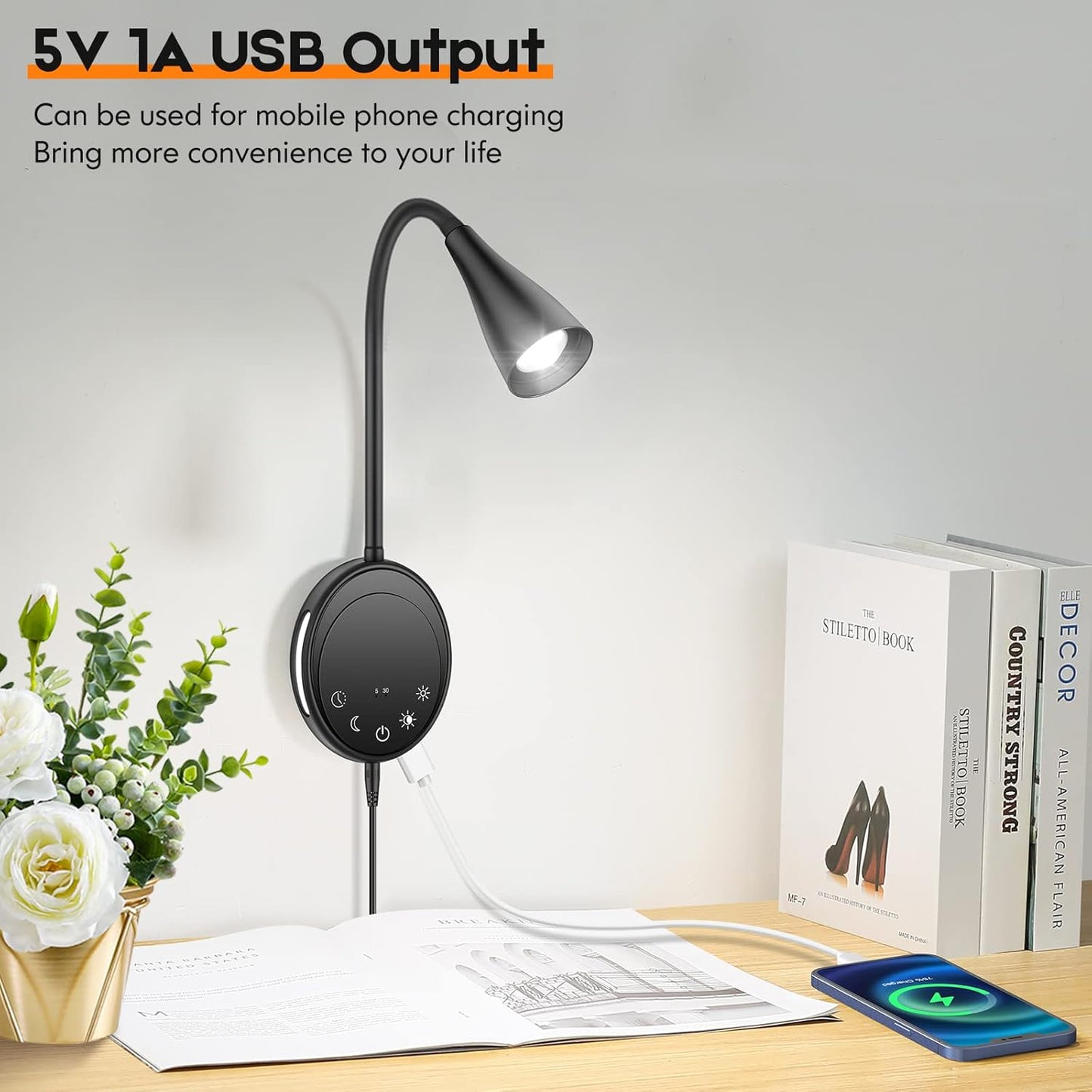 Wall Mounted Reading Light, Bedside Headboard Lights with 5 Dimming & Color Temperature, USB Output, Night Light & Timers Function, Flexible Gooseneck 3000K-6000K Upgrade Bed Lamp (Black)