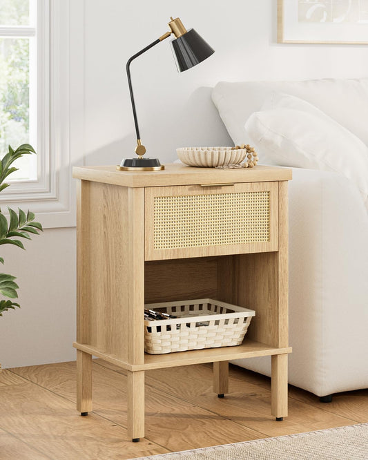 Rattan Nightstand with Drawer and Open Shelf, Boho Side Table with Gold Handle, Small Night Stand, Modern Bedside Table for Bedroom, Natural