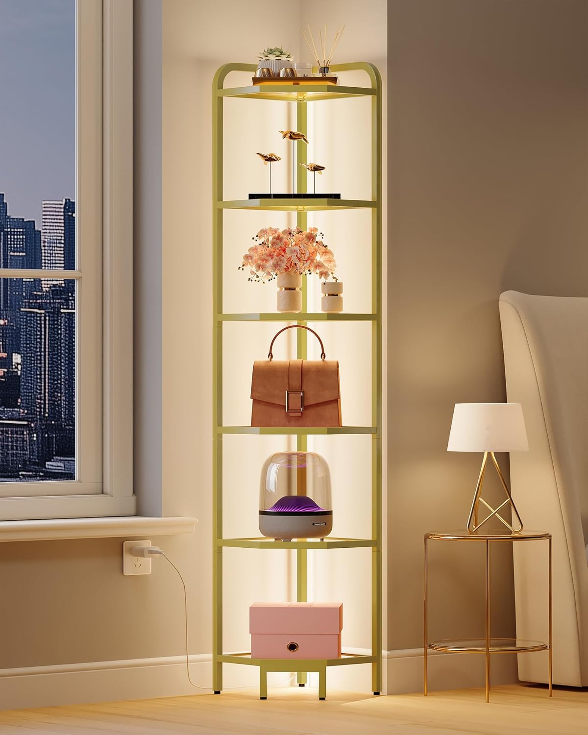 Corner Shelf with LED Lighting, 6-Tier Glass Bookshelf, Steel Frame, Tempered Glass, Modern Style Corner Shelf, Suitable for Living Room, Bedroom and Game Room, Gold CS09699G