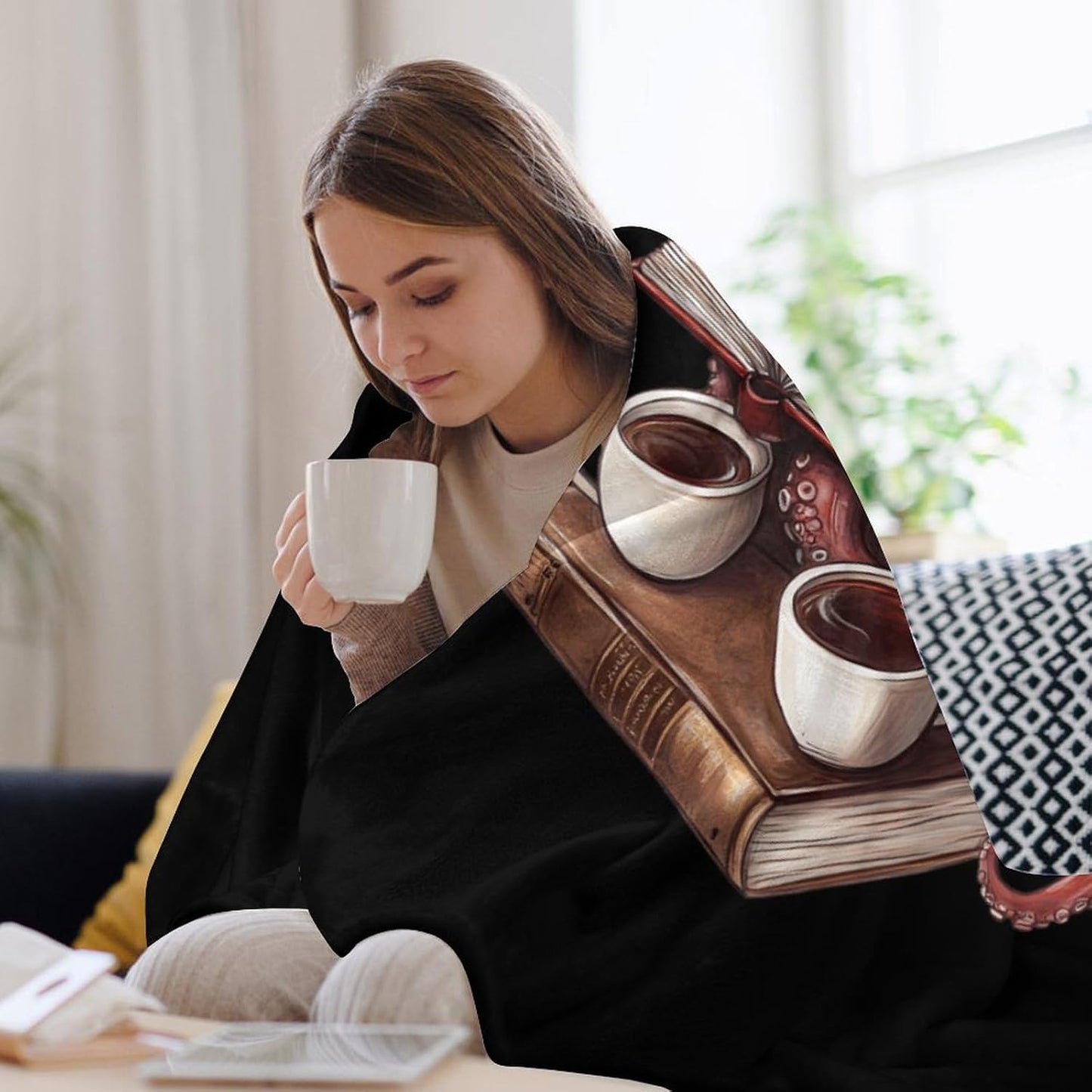Octopus Reading Book Coffee Flannel Blanket Cozy Fuzzy Plush Throw Blankets for Couch Bed 40"*50" （100 * 130cm）