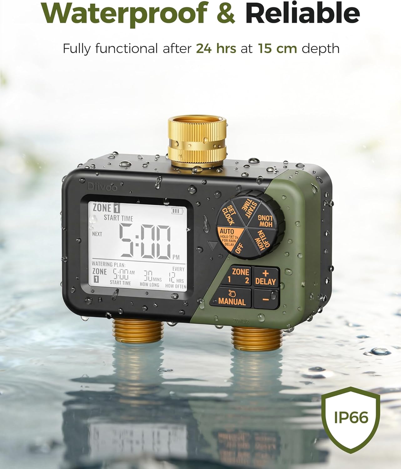 Diivoo Brass Sprinkler Timer 2 Zone, IP66 Waterproof Programmable Water Hose Timer 2 Outlet with Large Display, Rain Delay & Manual Watering for Outdoor Automatic Irrigation of Garden, Lawn, Yard