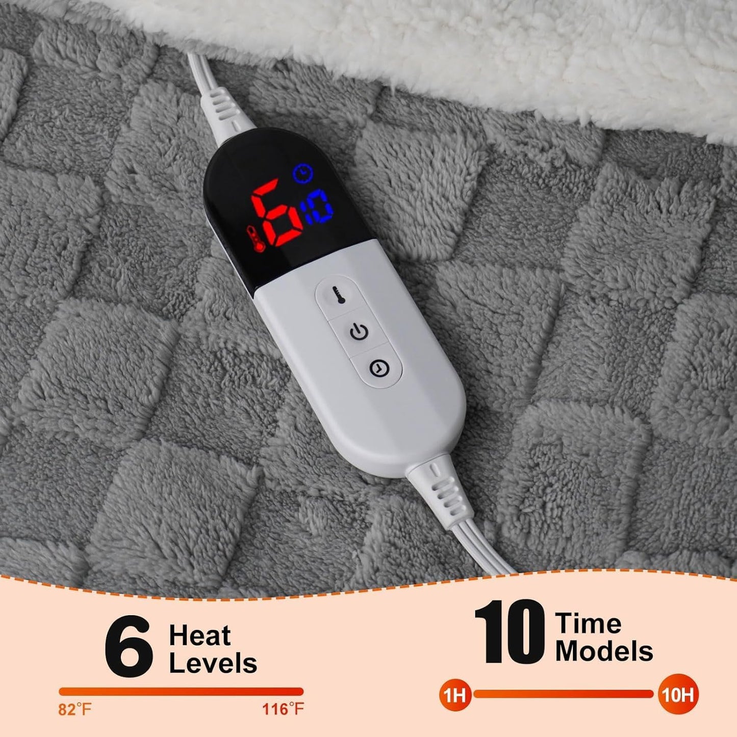 Electric Blanket, Heated Blanket with 6 Heat Levels & 10 Hours Auto Off, Soft Checked Flannel Fast Heating Blanket with ETL & FCC Certification (Gray, 62"X84")