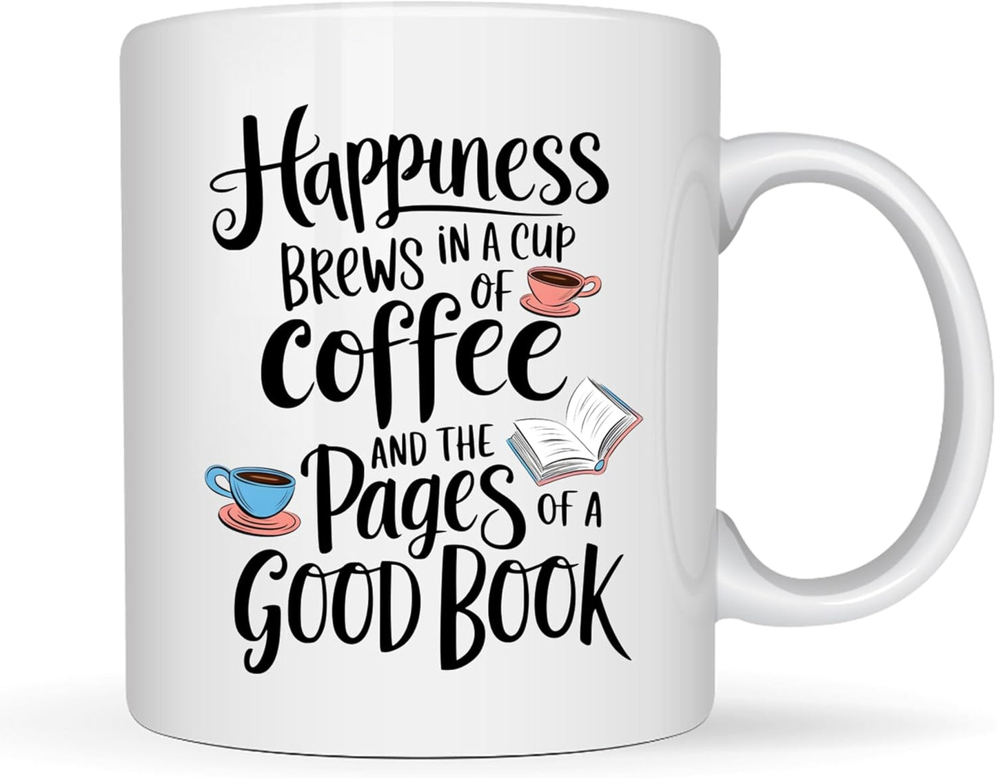 Book Lovers Coffee Mug 11oz White -Happiness Brews - Gift for Book Club Bookworm Bookish Reading Nerdy Avid Readers Women
