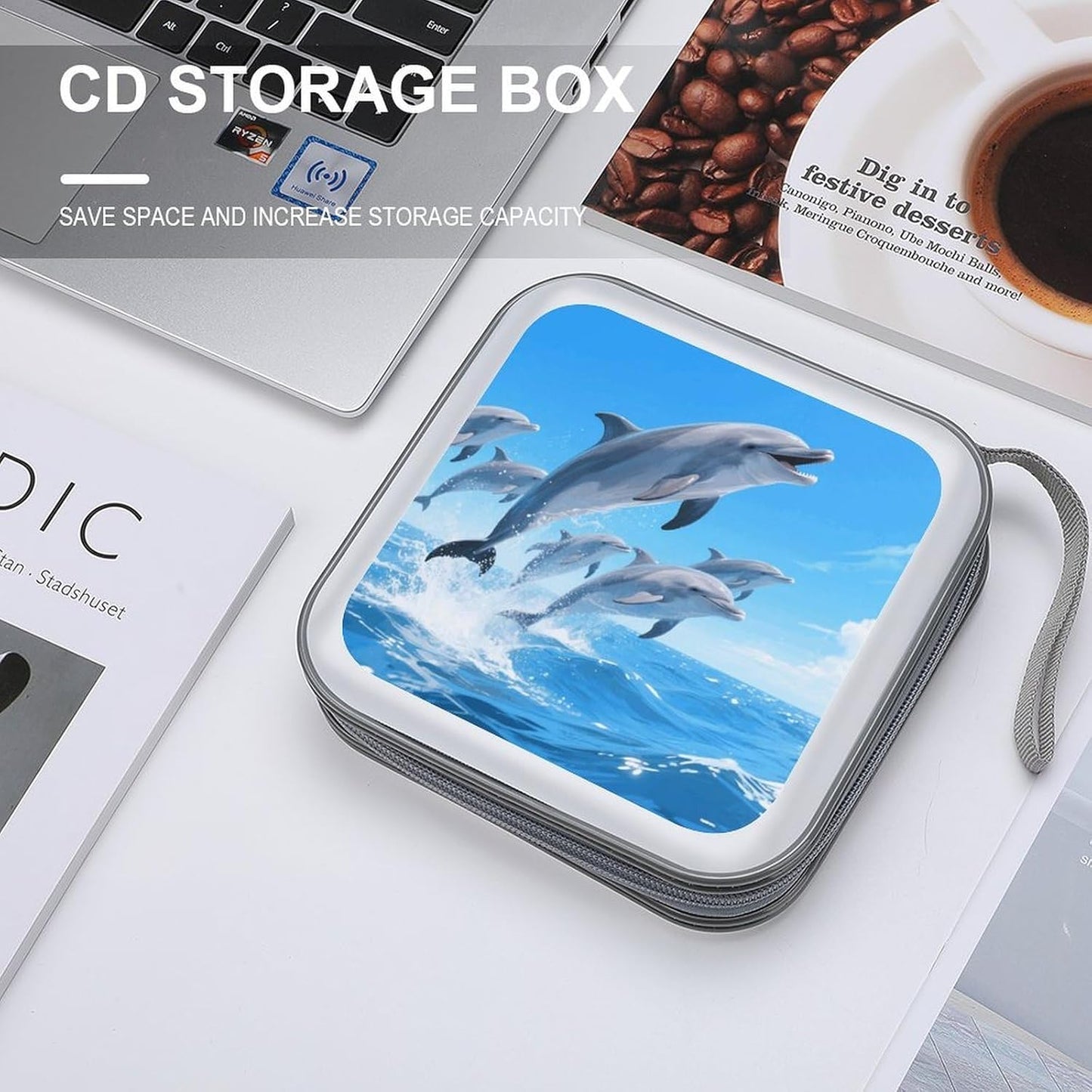 Dolphins CD Case Portable Zipper CD Case 40 Capacity Hard Plastic DVD Cases Holder Large Storage Disc Wallet Bag for Car Home Travel DVD Collection Bag