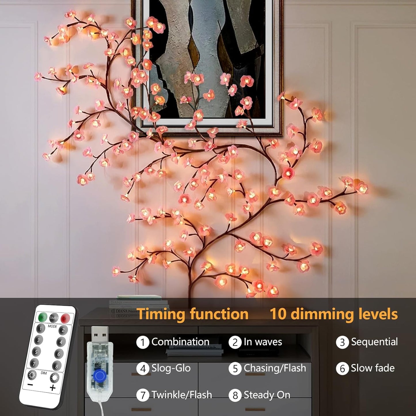 Cherry Enchanted Willow Vine Lights 7.55FT 144LED Pink Cherry Blossom Tree Branch Lights for Wall, Remote Timer,8 Light Model,Bedroom Wall Doors Wedding, Christmas, USB Battery Box