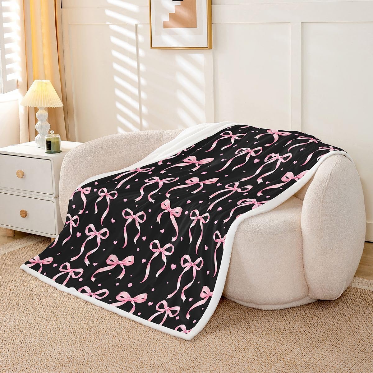 Feelyou Black Pink Bow Sherpa Throw Blanket for Couch Cute Bowknot Super Soft Cozy Fleece Kawaii Blanket for Winter, Plush Throw Heart Pattern Baby 30"x40" All Season