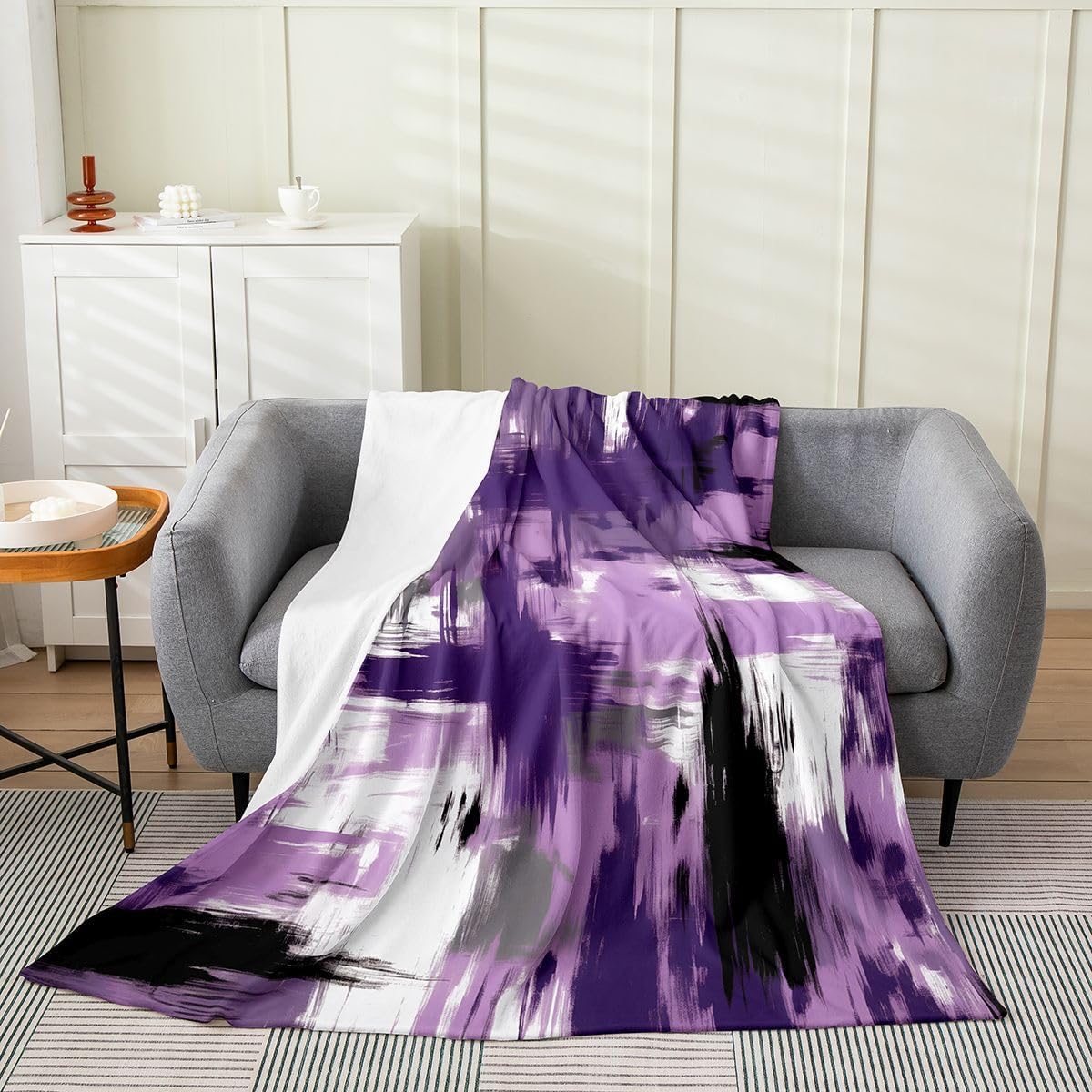 Purple Grey Black White Abstract All Season,Bed Blanket Twin 60"x80" Geometric Plush Throw Blanket, for Sofa Couch Kids Stripe Line Flannel Fleece Blanket Teens Ultra Soft Decor Modern Art