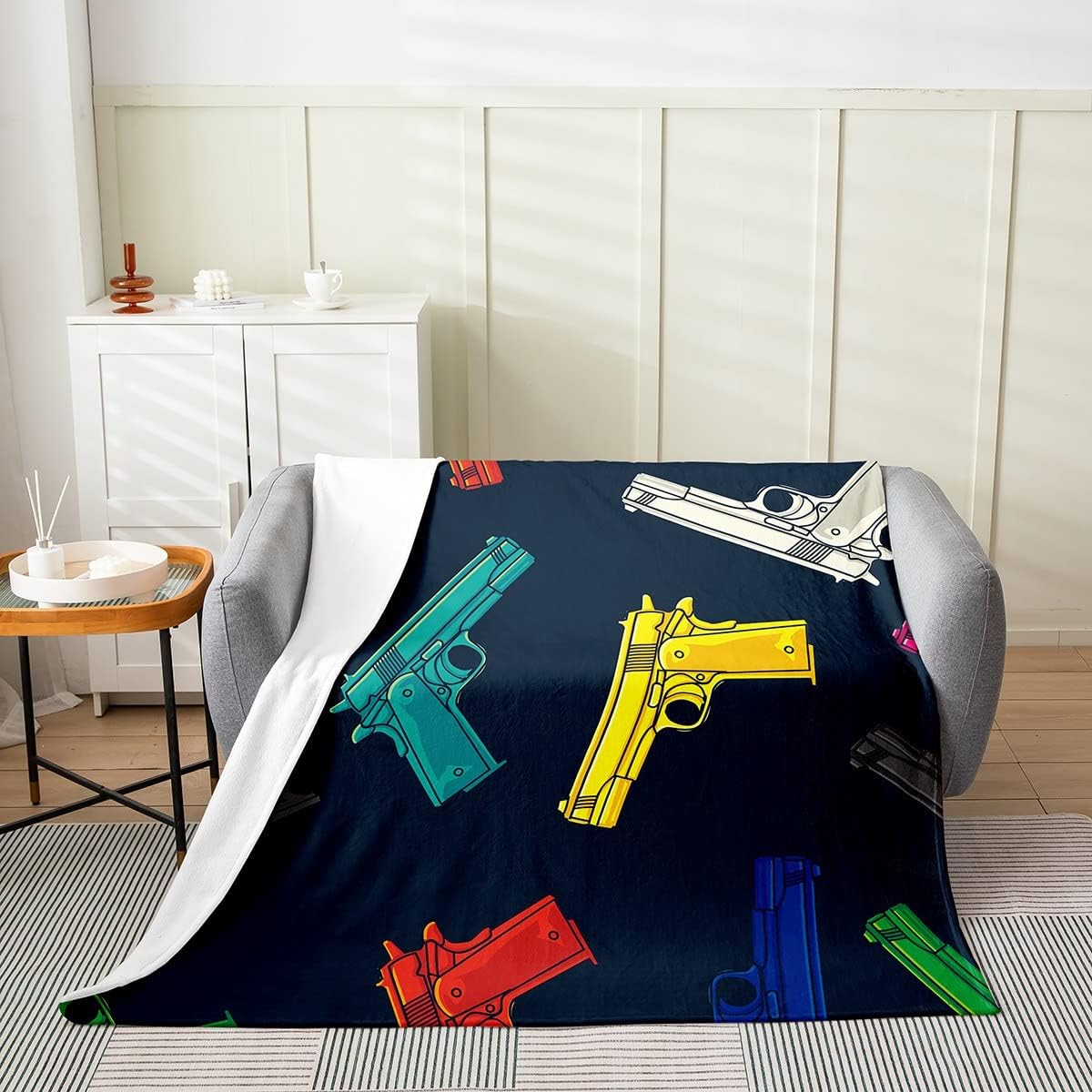 Colorful Pistol Print Fleece Throw Blanket,All Season Vice City Modern Luxury Bed Blanket Army Gun Flannel Fuzzy Blanket for Bed Sofa Couch,Bedroom Decor Plush Blanket Throw 50"x60"