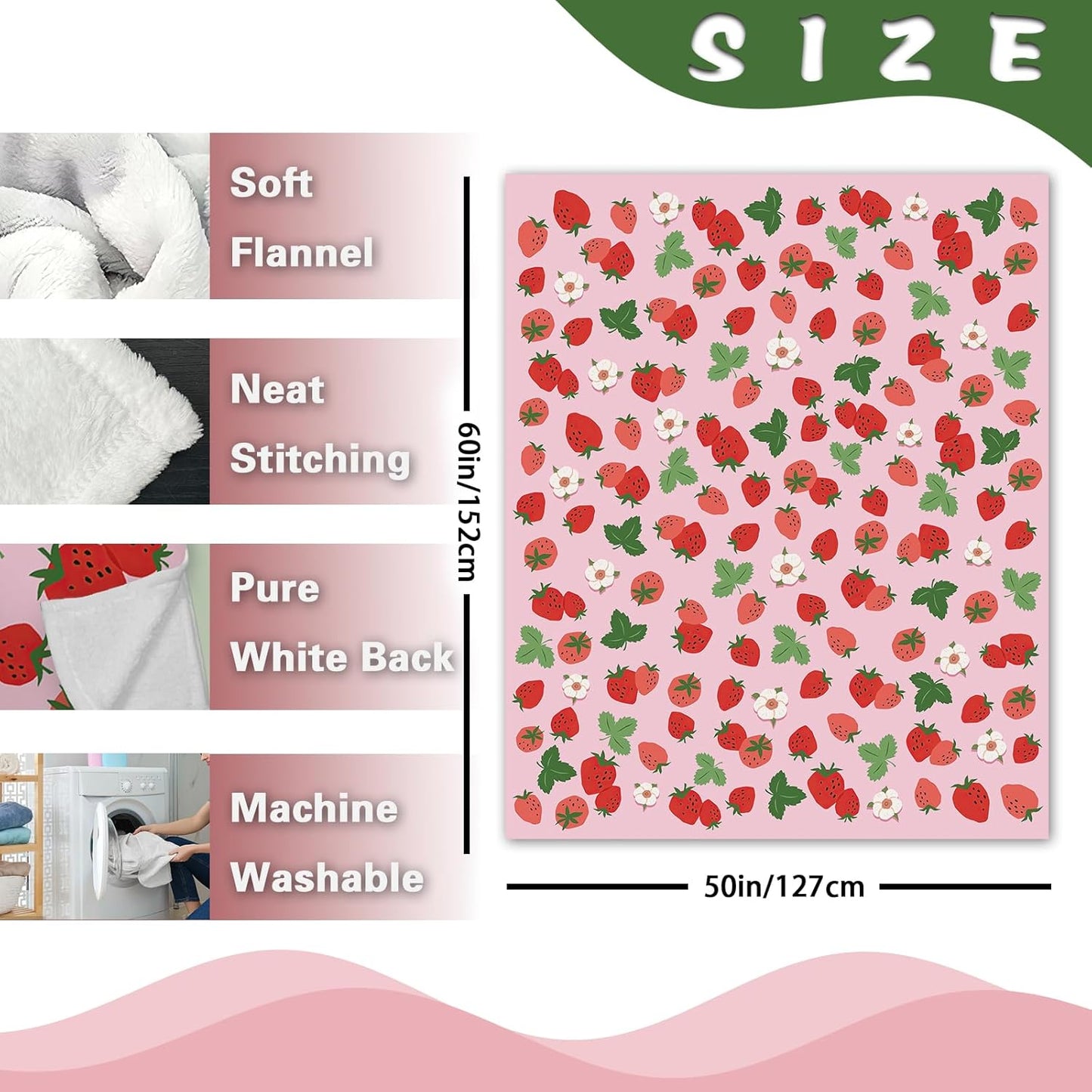 Pink Strawberry Flannel Throw Blanket, Red Pink Fruit Floral Birthday Gifts for Kids Girls Women Adults Teen, Spring Summer Flowers Soft Blankets for Bedding Sofa 50" x 60"