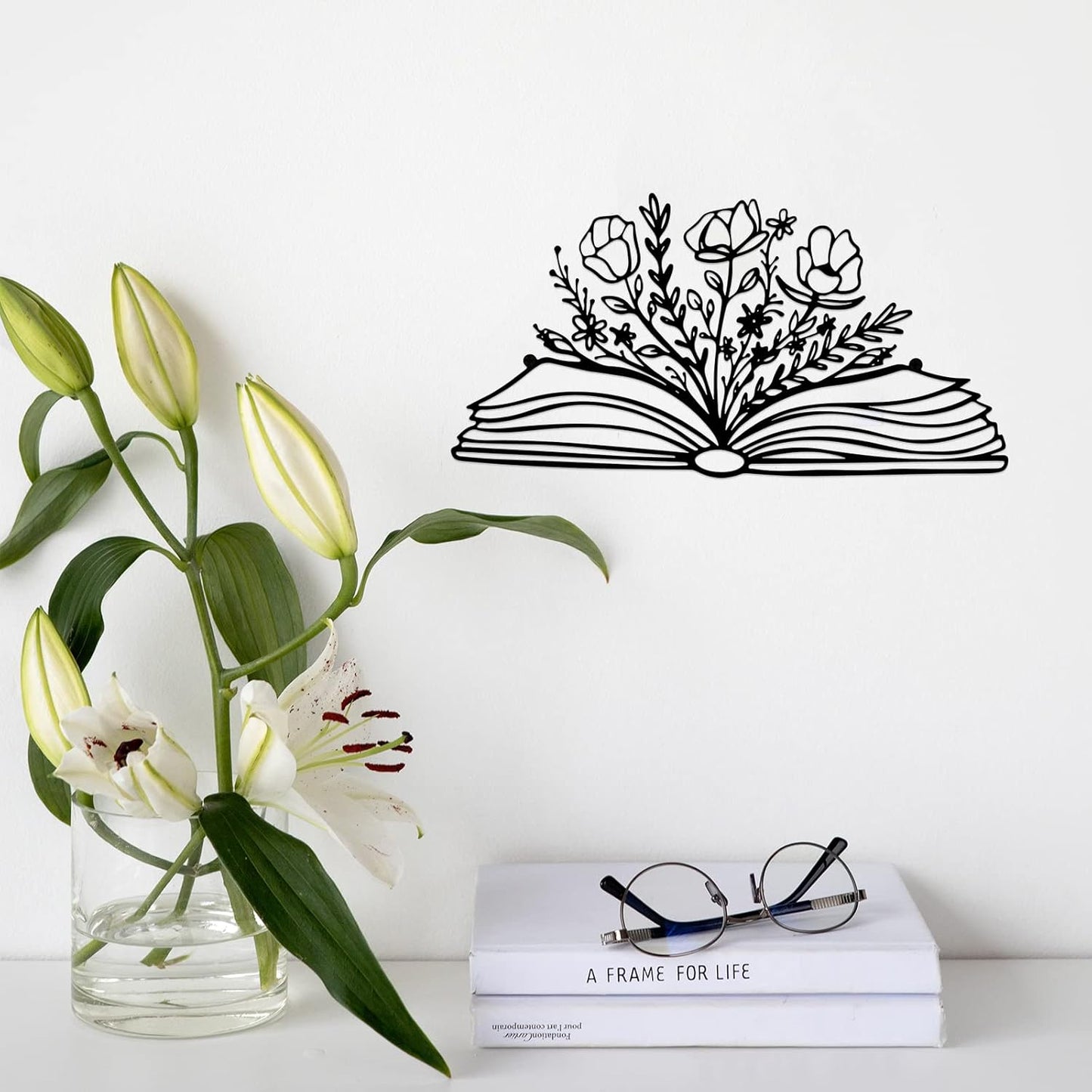 SwallowLiving 14 x 7 Inches Reading Sign Decor Book Lovers Teacher Gift Black Metal Book Flower Wall Art for Library,Reading Room,Living room or Bedroom