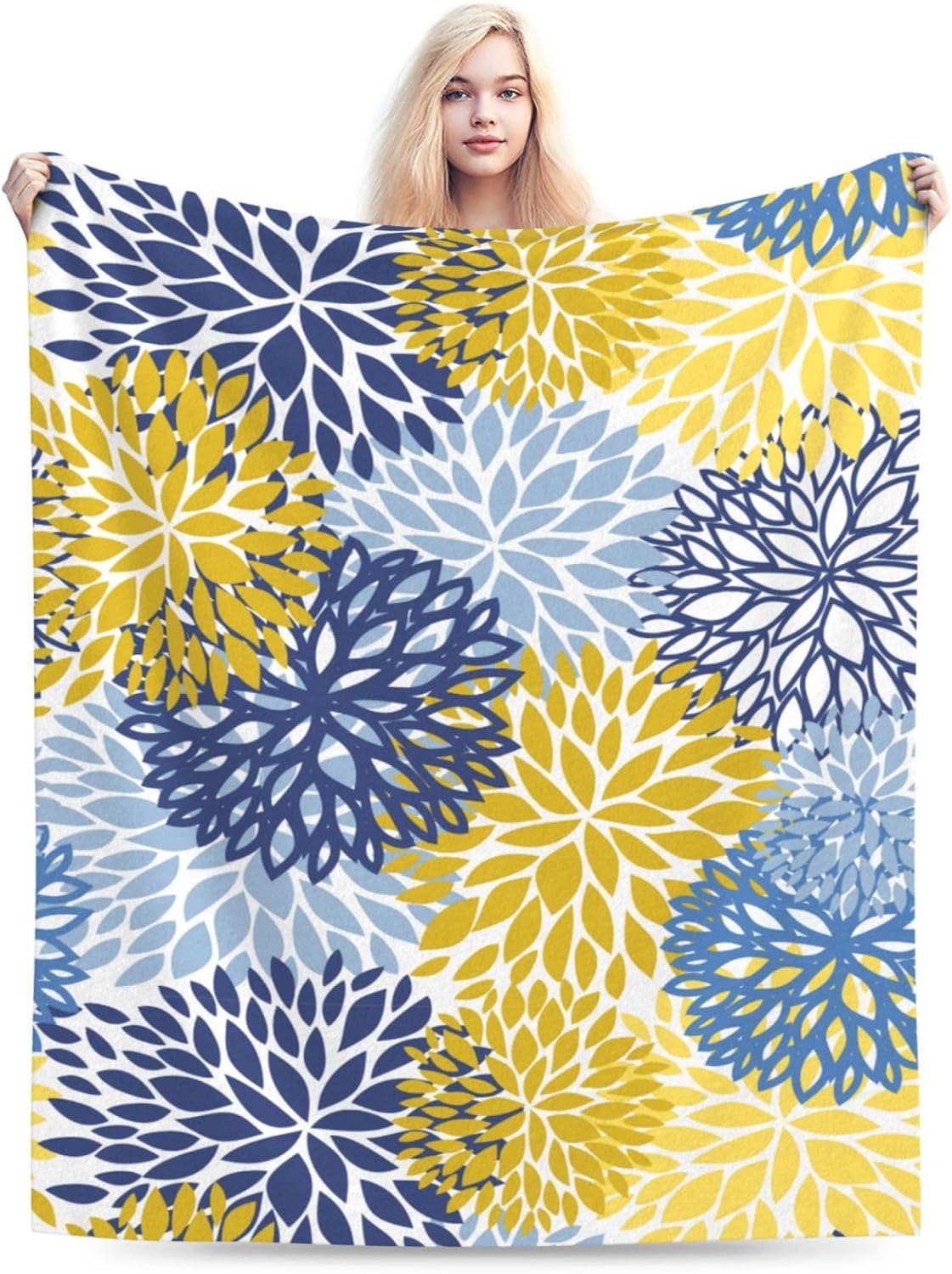 Blue Yellow and Navy Chrysanthemum Flowers Throw Blankets All Season Ultra Soft Warm Daisy Floral Fleece Blanket for Home Bed Sofa Couch Chair Outdoor Travel Camping 40x30 Inch