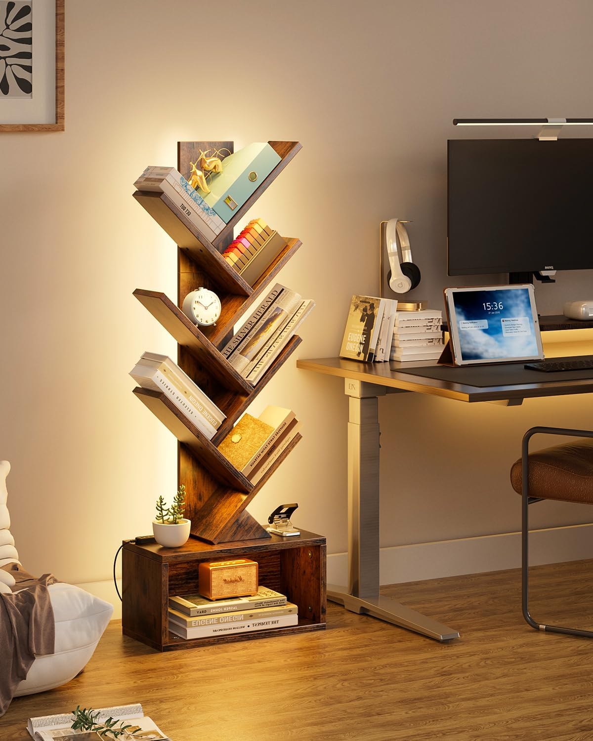 Evermagin 6 Tier Tree Bookshelf with Lights, LED Book Tree Bookcase with Storage Organizer, Small Corner Bookshelf Floor Standing Book Shelf for Living Room, Bedroom & Home Office, Rustic Brown