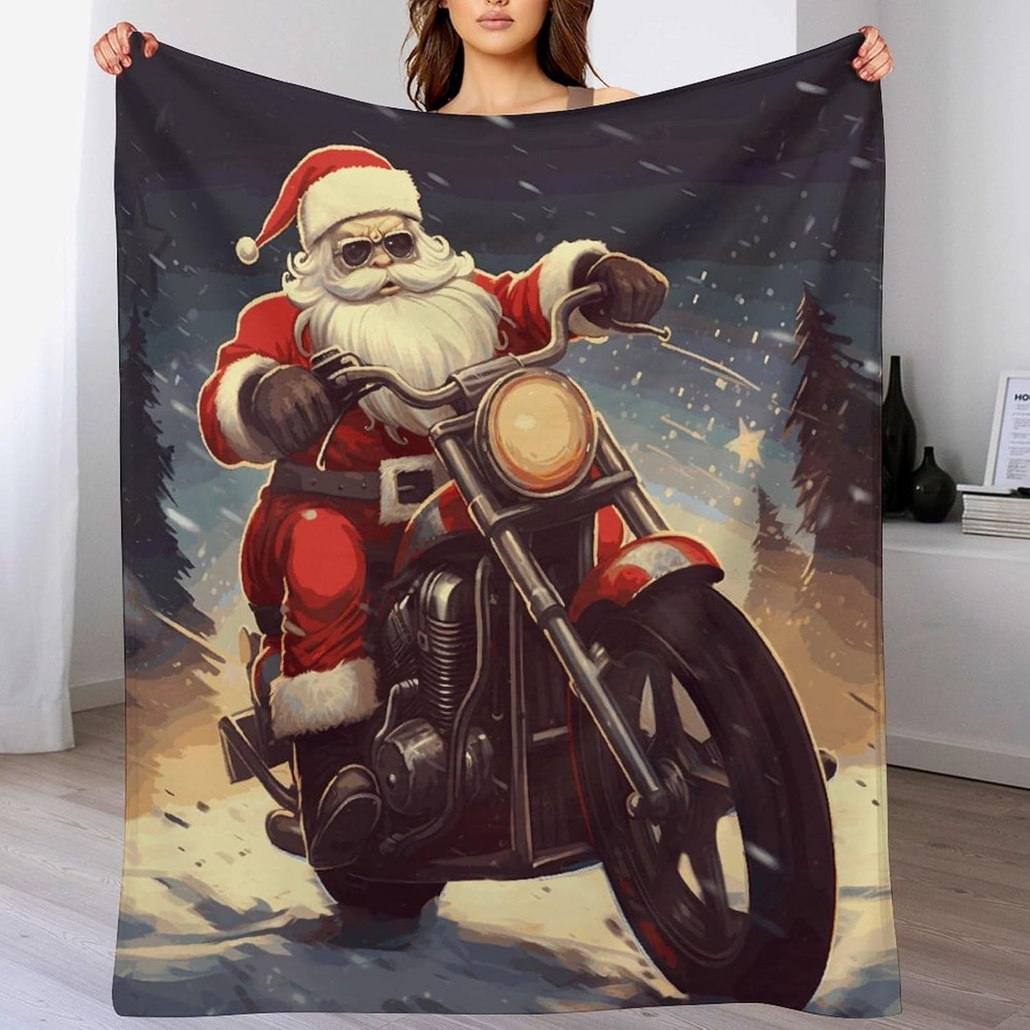 Santa Claus Biker Riding Blanket Super Soft Lightweight Throw Blanket Cute Cozy Warm Bed Blanket Decorative Fuzzy Blanket All-Season Home Decor Gift for Sofa Couch Living Room 30"*40"（76 * 100cm）