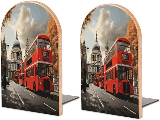 Red Bus Wooden Bookend Non-Slip Book Ends Heavy Duty Book Stopper with Metal Base Books Holderd Decorative Bookends Stands Firmly for Office Supplies