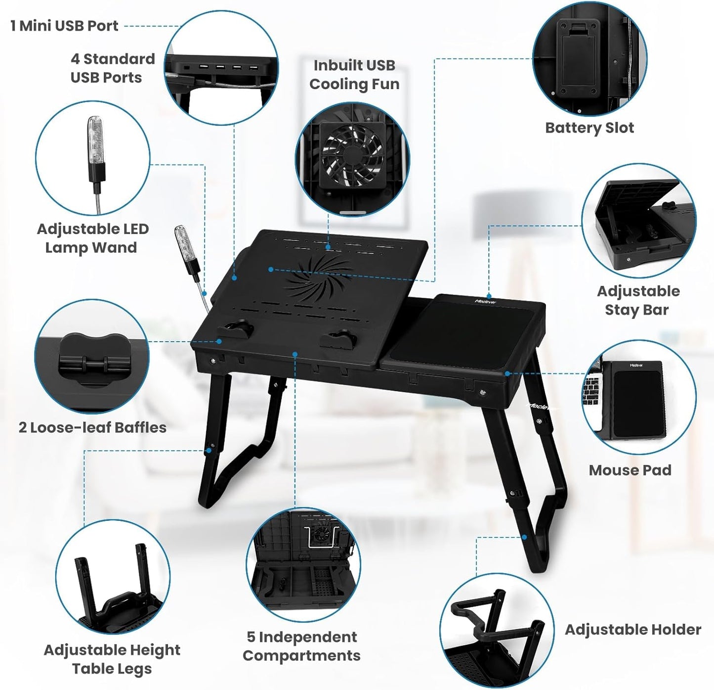 Foldable Laptop Table, Portable Bed Notebook Desk, Height Adjustable Laptop Stand with Cooling Fan LED Light 4 x USB Ports Breakfast Tray Storage Groove for Home Office Use (Black)