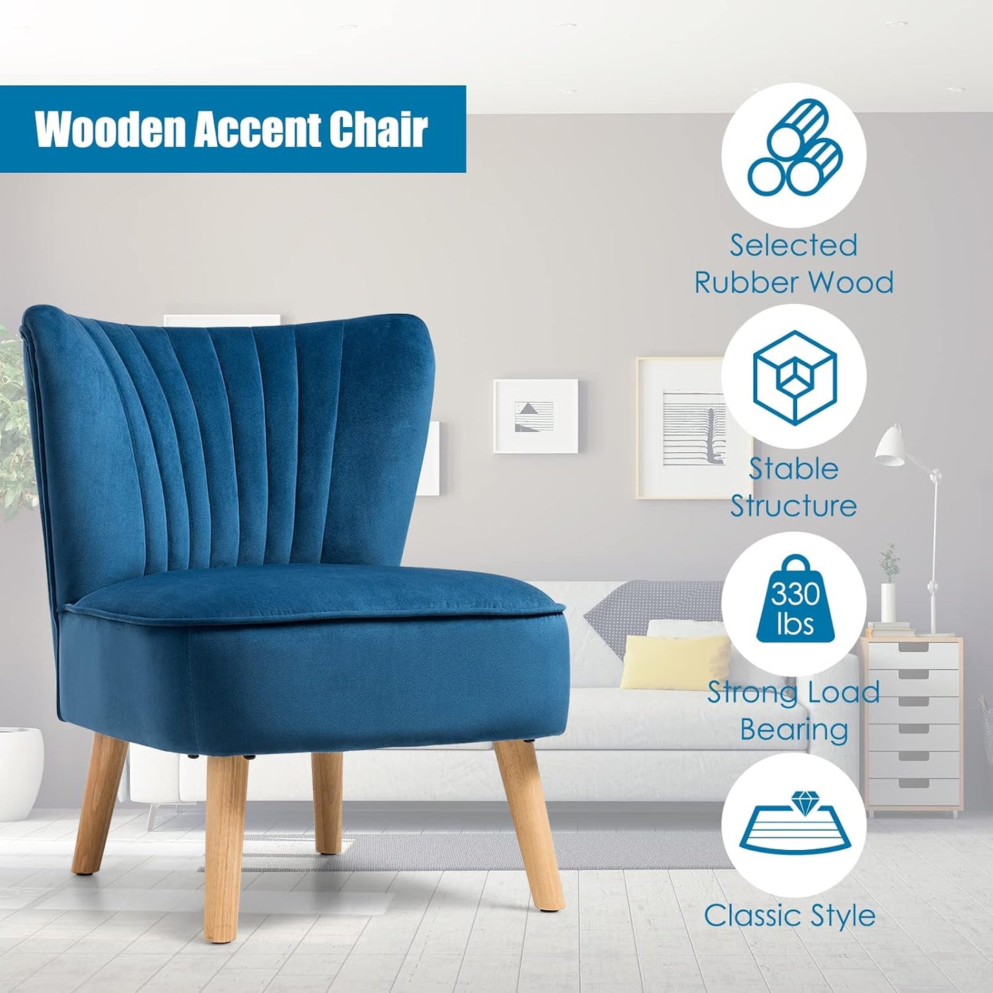 KOTEK Velvet Accent Chair, Modern Armless Accent Chair w/Solid Rubber Wood Legs, Upholstered Side Chair Club Sofa Chair Slipper Chair for Living Room Bedroom (Blue)