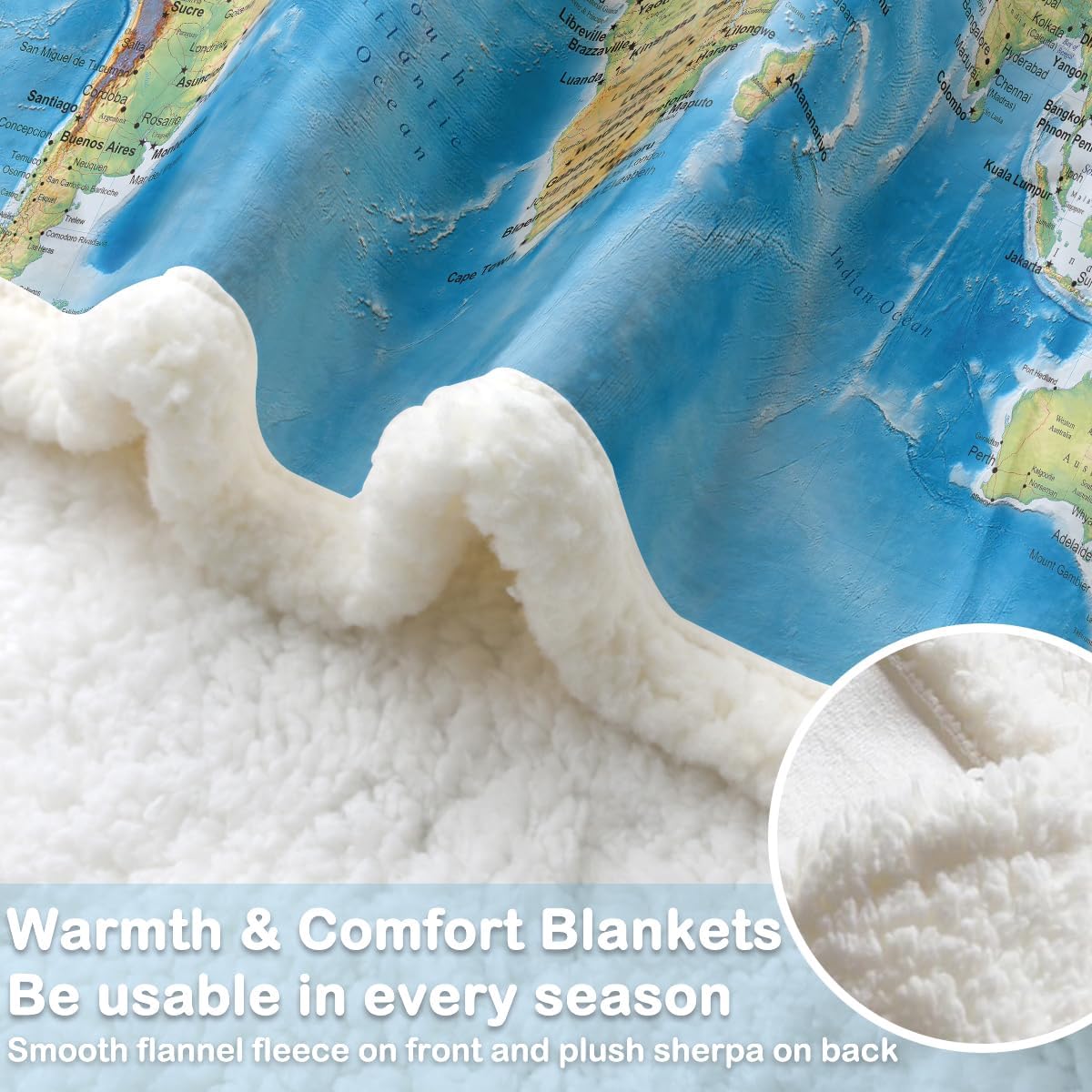Sleepwish Map Fleece Blanket Vivid 3D Print Map of The World Sherpa Throw Blanket 60x80 Inches