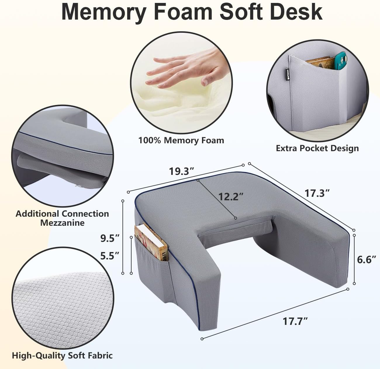 Reading Lap Pillow, Lap Desk Pillow for Bed, Laptop Arm Rest Pillow for arms for Reading, Working in Bed Couch(Grey)