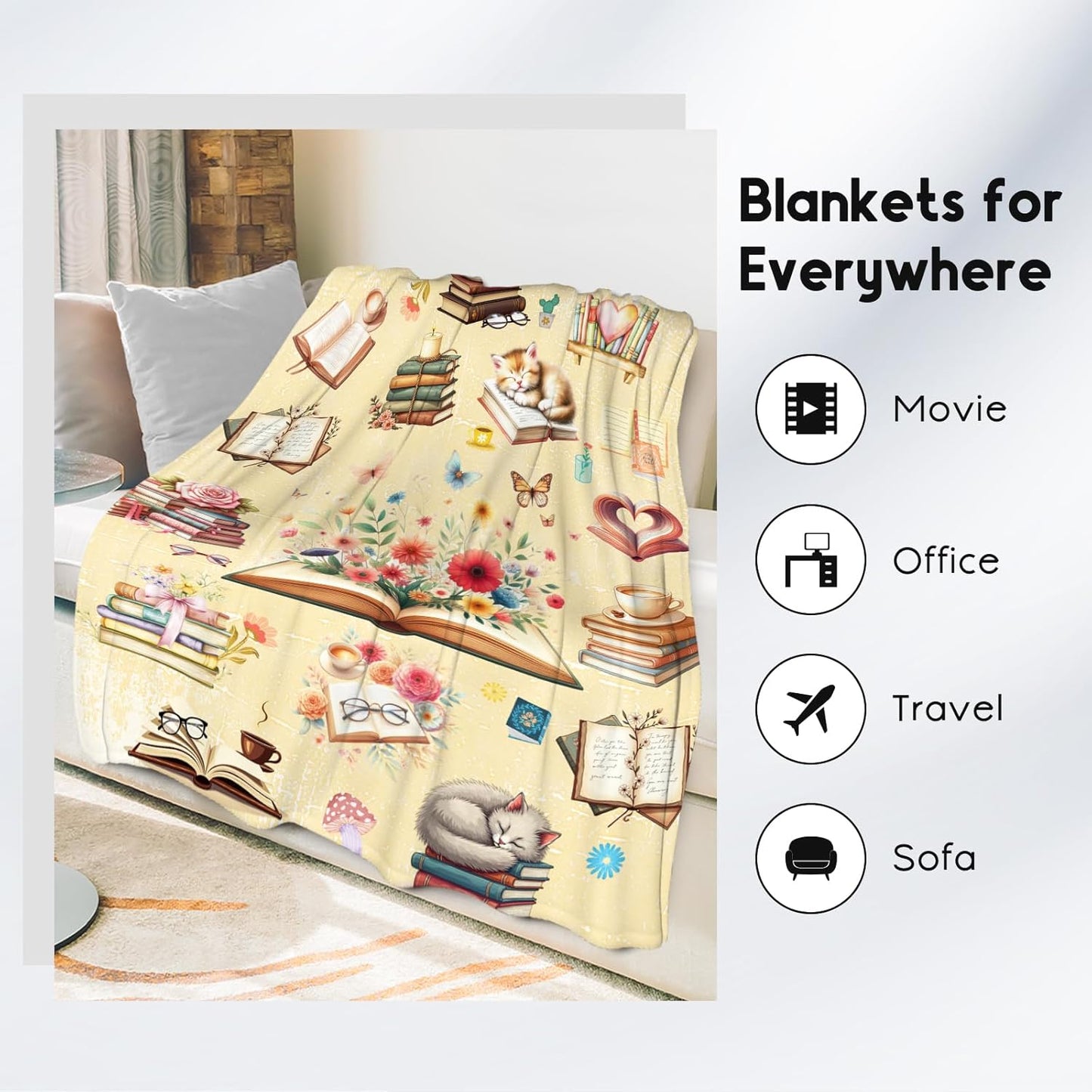Blanket for Girls, Book Blankets, Book Lovers Gifts for Kids Women Adults, 60"x80" Cozy Plush Throw for Library Nap Bedroom Living Room