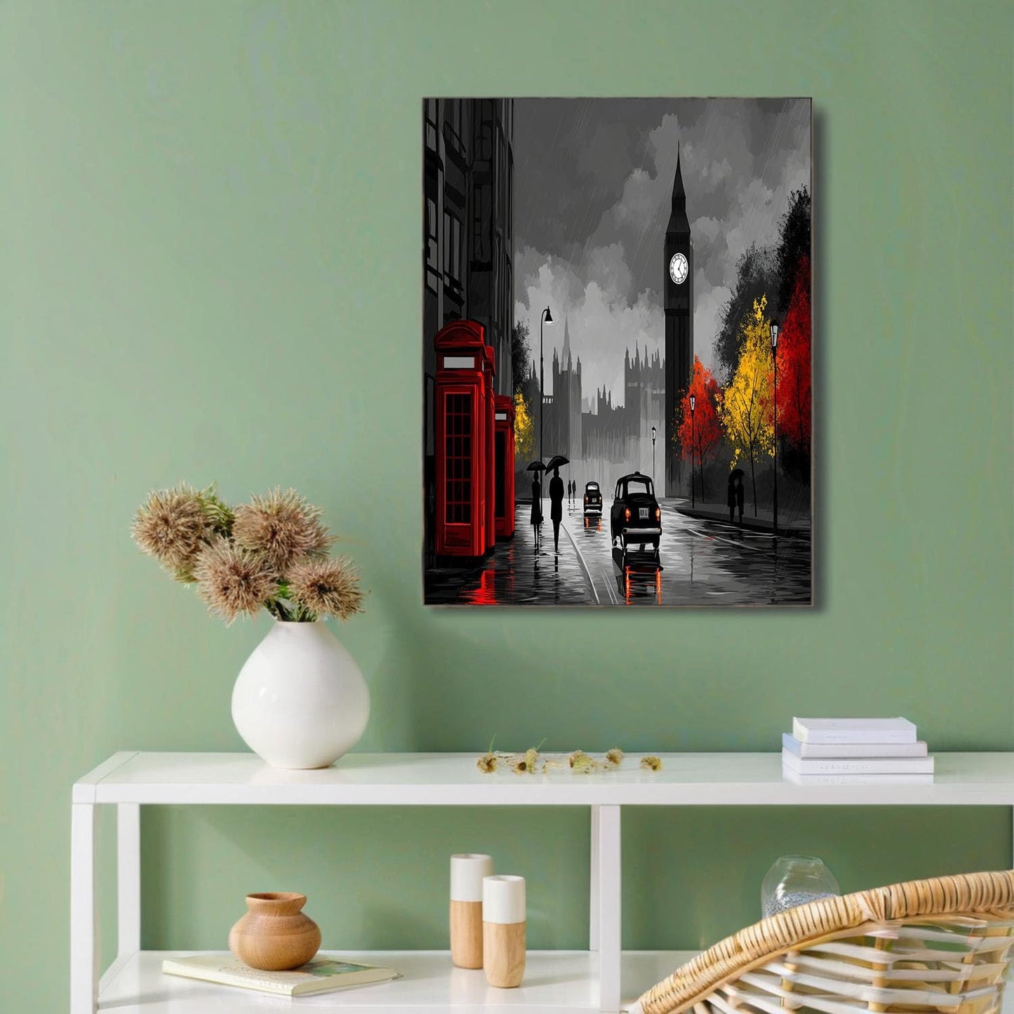 GDJSMIN London Street Scene Wall Art, Big Ben Red Telephone Booth Poster for Reading Room Living Room Decor 12x 16 inch Unframed