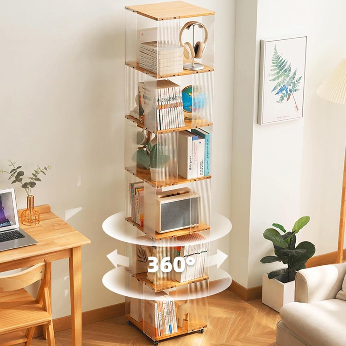 YVYKFZD Rotating Bookshelf, 5/6 Tier Revolving Bookcase, Acrylic 360° Display Storage Rack, Narrow Corner Book Shelf Organizer with Wheels, for Small Space, Study(Brown,6 Tier 13.7x13.7x73.6)