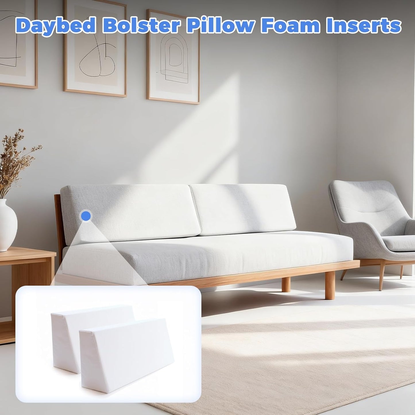 Daybed Bolster Wedge Pillow-Set of 2,30D Foam Wedge Bolster Pillow for Daybed,Day Bed 36" Long Cushions Inserts