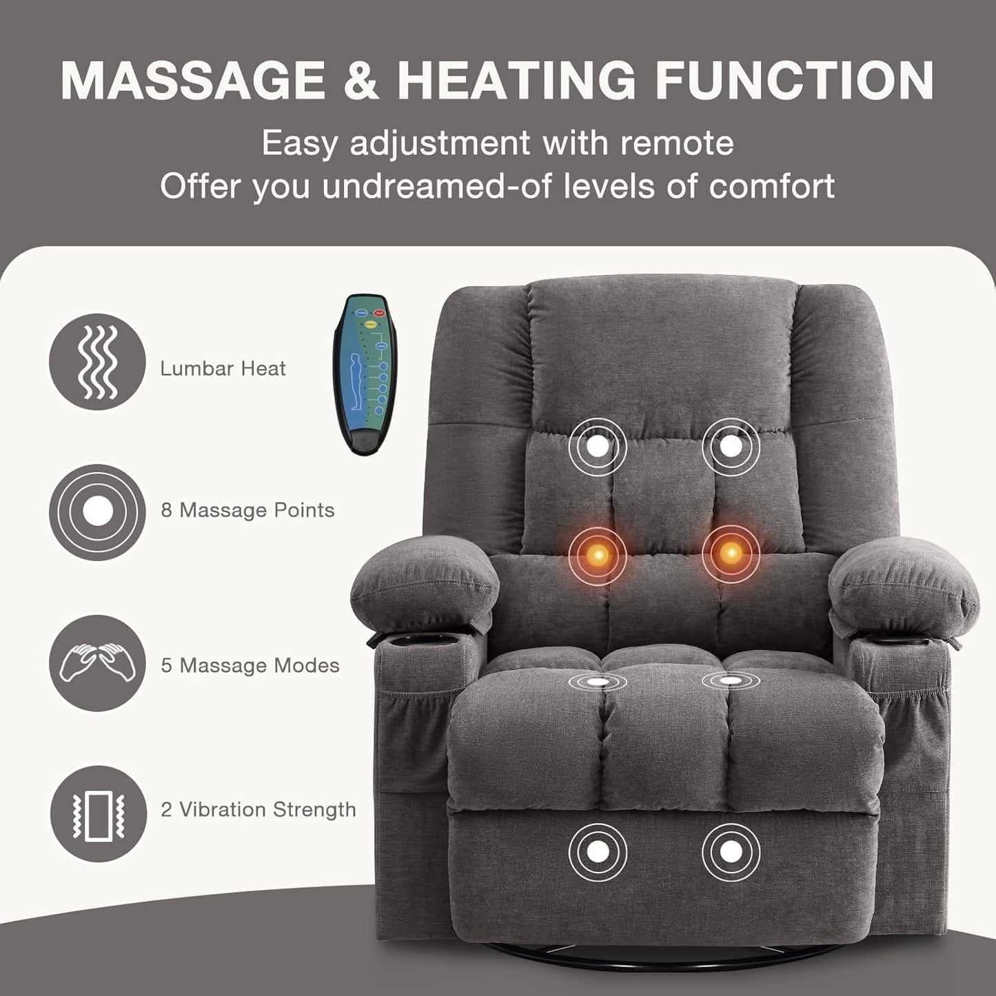 Massage Swivel Rocker Recliner Chair with Vibration and Heat Ergonomic Lounge Chairs Rocking Function and Side Pocket for Living Room Bedroom Meeting