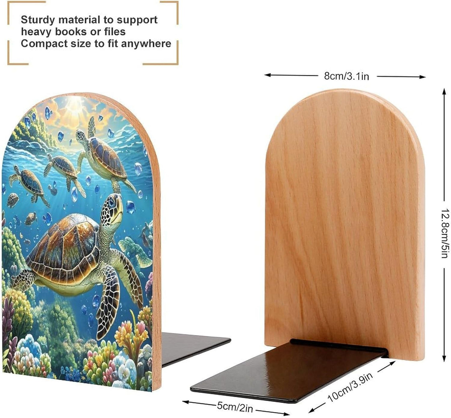 Sea Turtles Diamond Painting Bookends 1 Pair Heavy Duty Book Ends for Shelves Non-Skid Bookend Supports Wooden Book Holders with Metal Base Desk Organizers Books Storage to Hold Books