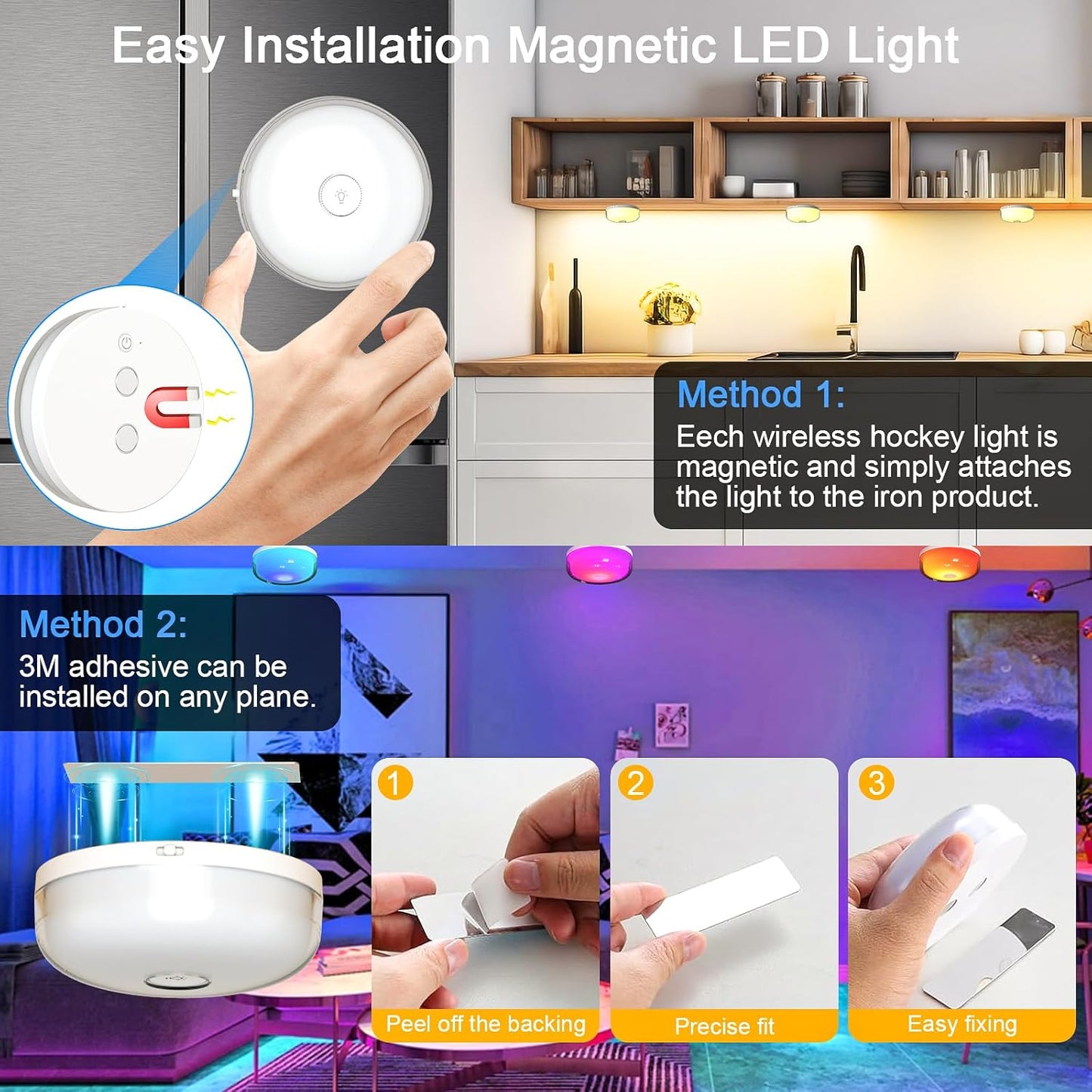 Rechargeable Shower Light, 15 Color Changing Mood Light with Remote, 2600mAh Battery, No Wiring, for Shower, Bathroom, Closet, Bedroom, Livingroom (3Pack-White, 3Pack)