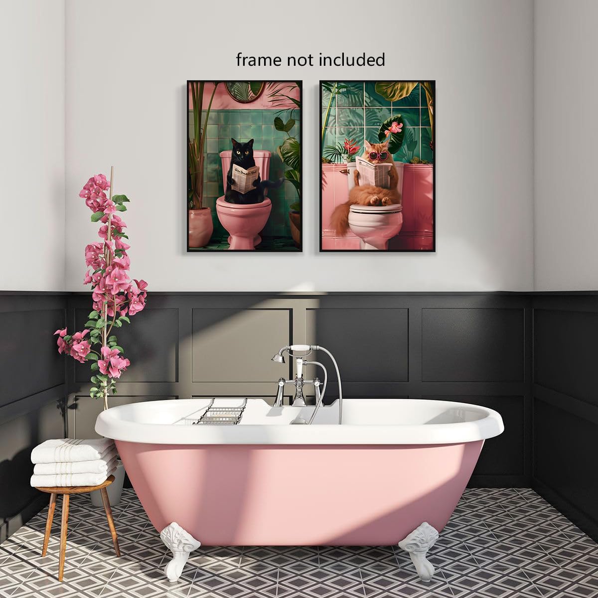 perasi Set of 2 Funny Bathroom Canvas Wall Art, Trendy Cat Reading on Pink Toilet Poster, Black Cat Read Newspaper Bathroom Pictures for Wall, Animal Green Botanical Restroom Print 8x12in Unframed