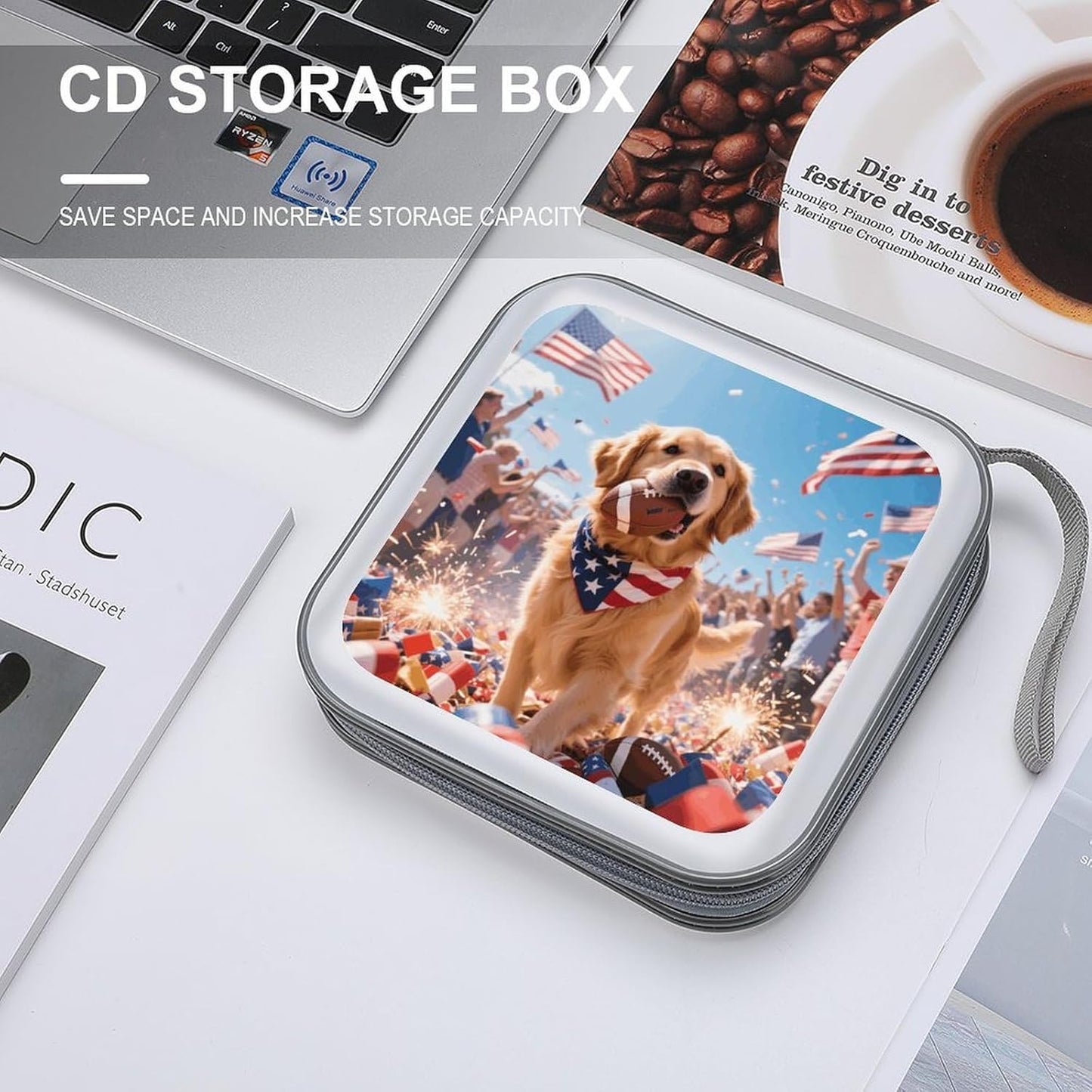 Patriotic Dogs CD Case Portable Zipper CD Case 40 Capacity Hard Plastic DVD Cases Holder Large Storage Disc Wallet Bag for Car Home Travel DVD Collection Bag