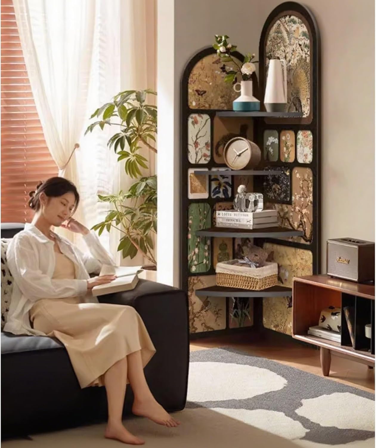 4-Tier Corner Bookcase Wood Shelf,Open Display Storage Stand Bookshelf,Fan-Shaped Storage Cabinet with Decorative Painting,Corner Wall Shelf for Living Room,Office(B,170*40cm/66.9*15.7in)