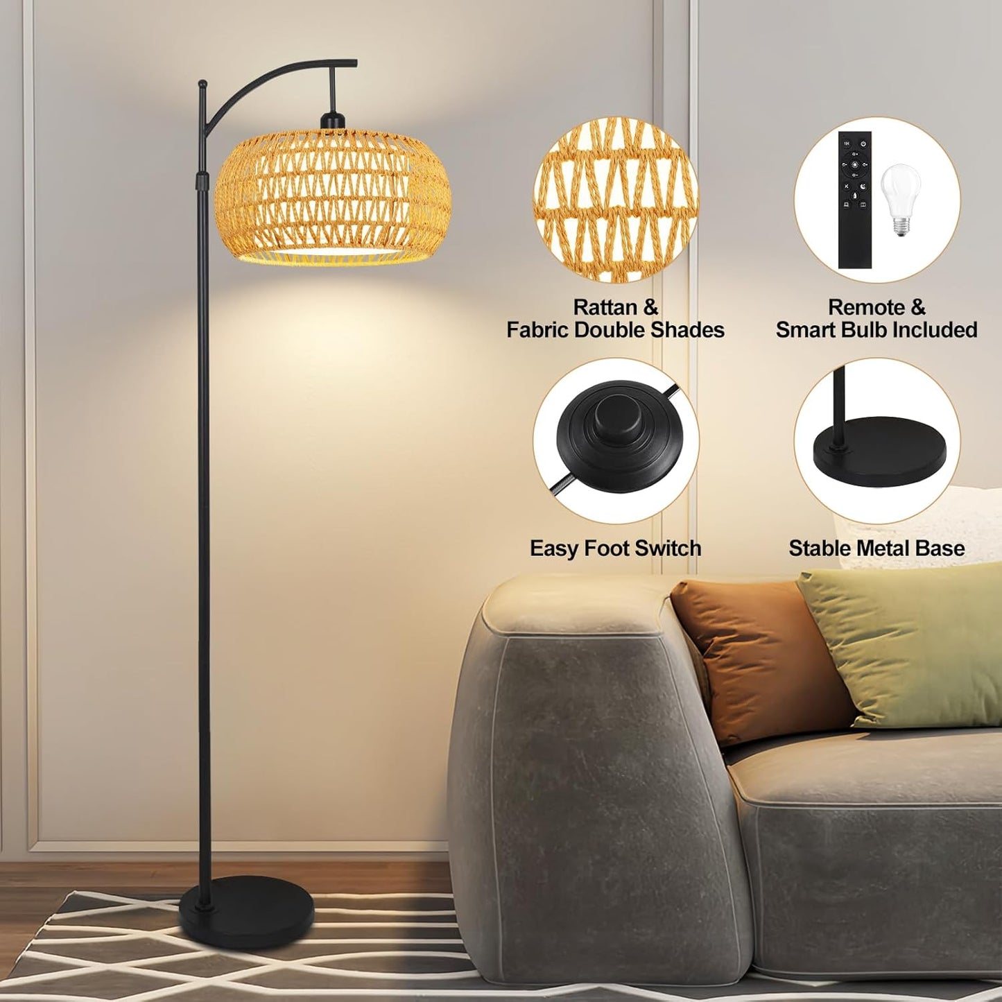 Arc Floor Lamps for Living Room Rattan Boho Floor Lamp with Remote Control,Dimmable LED Floor Lamp Wicker Lamp Shades Black Standing Lamp with 3 Color Temperature Tall Floor Lamps For Bedroom Corner
