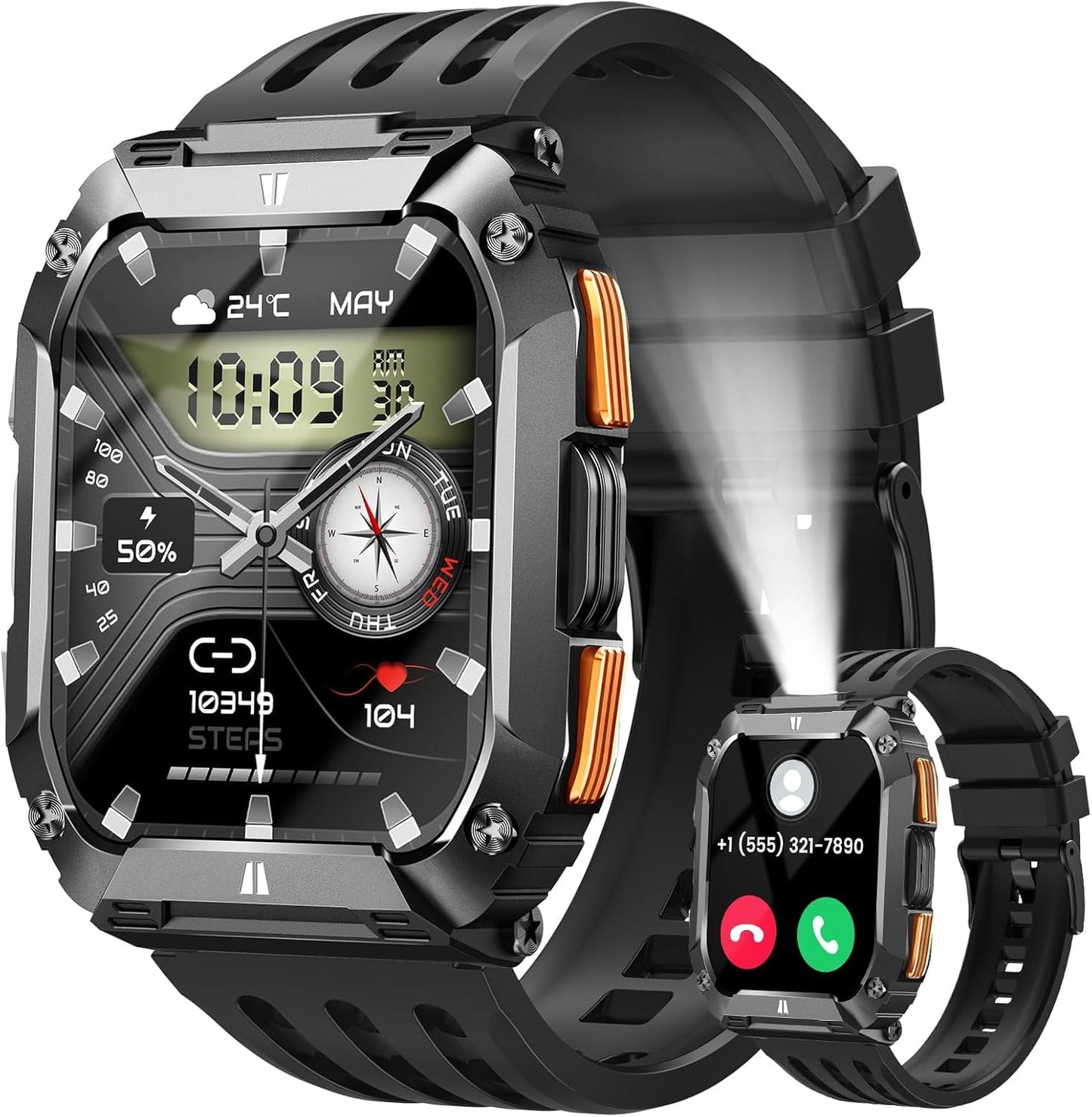Smart Watches for Men, 1.95'' Fitness Watch: Waterproof Military Smart Watch with 100 Days Battery Life/Call/Flashlight/Sleep/SpO2/Heart Rate Monitor/Step Tracker, Sport Smartwatch for Android iPhone