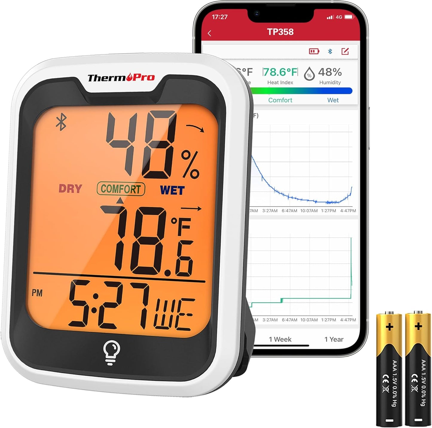 ThermoPro TP358 Bluetooth Thermometer for Room Temperature with Built-in Clock, Smart Temperature Sensor and Humidity Meter with Backlit, 260Ft Hygrometer Indoor Thermometer with Data Storage Export