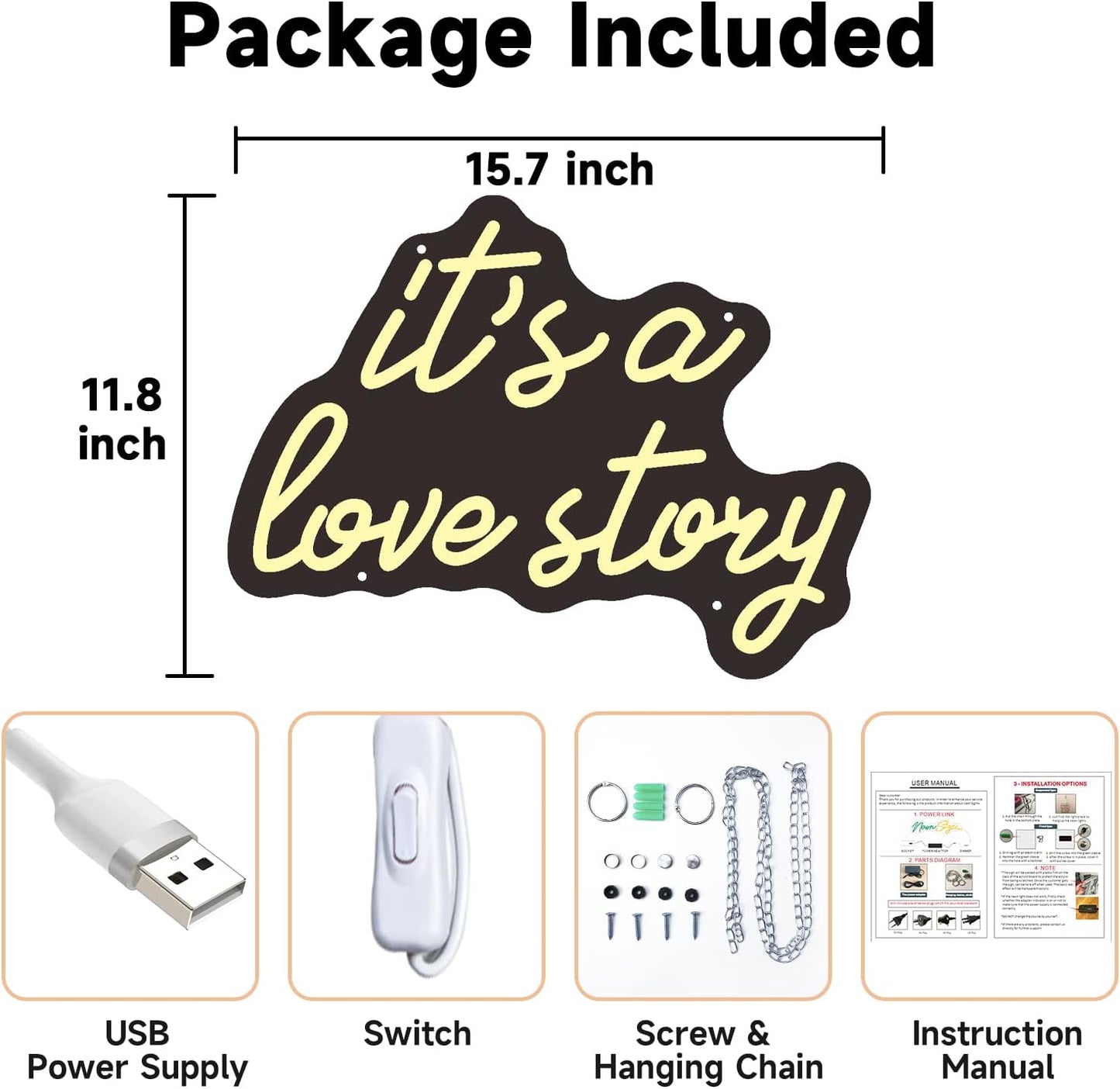 Its a Love Story Neon Sign, Warm White USB Led Light Up Signs for Bedroom Aesthetic Birthday Wedding Party Gift Boyfriend Girlfriend Lover Women Men Room Bathroom Decoration Gift, 15.7 x 11.8 Inch