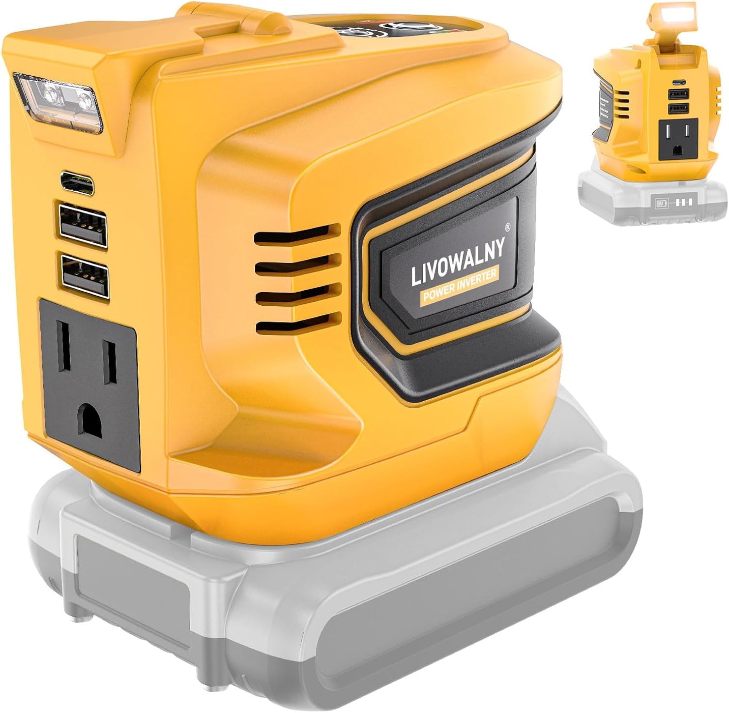 LIVOWALNY 200W Power Inverter Compatible with DeWALT 20V Battery, DC 20V to AC 110-120V Power Station with 1 AC Outlet, 2 USB, 1 Type-C & LED Light, for Camping Power Outage (No Battery)