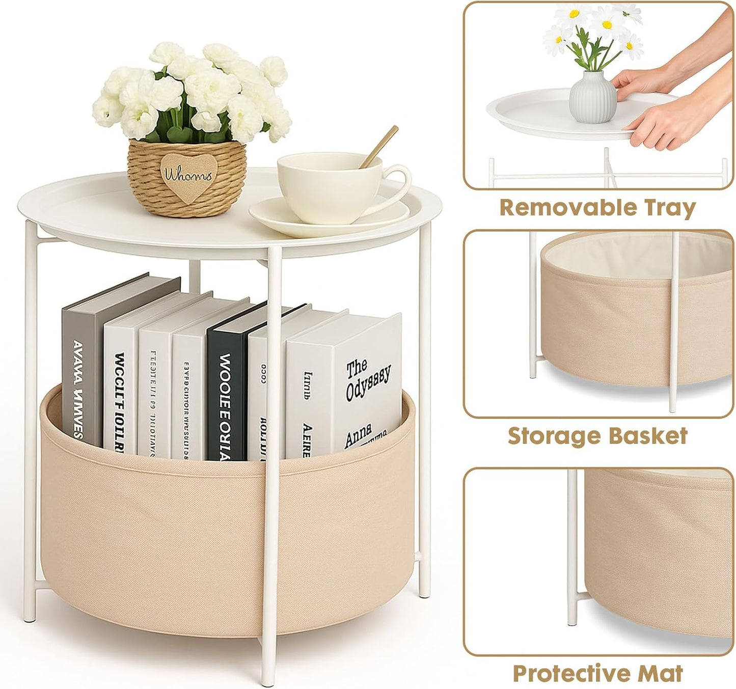 ShellKingdom End Table, Small Round Side Table with Fabric Basket, Metal Night Stand with Removable Tray for Living Room, Bedroom, Nursery, Laundry (White)